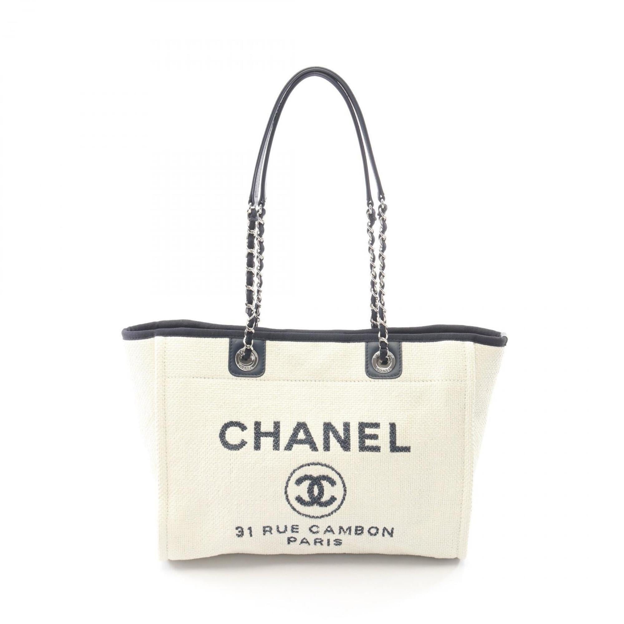 Chanel Navy White Leather Straw Handbag Tote Bag (Pre-Owned)