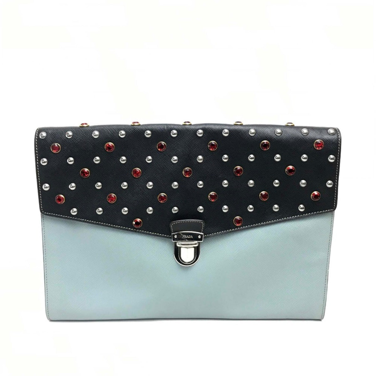 Prada Saffiano Black Light Blue Leather Clutch Bag (Pre-Owned)