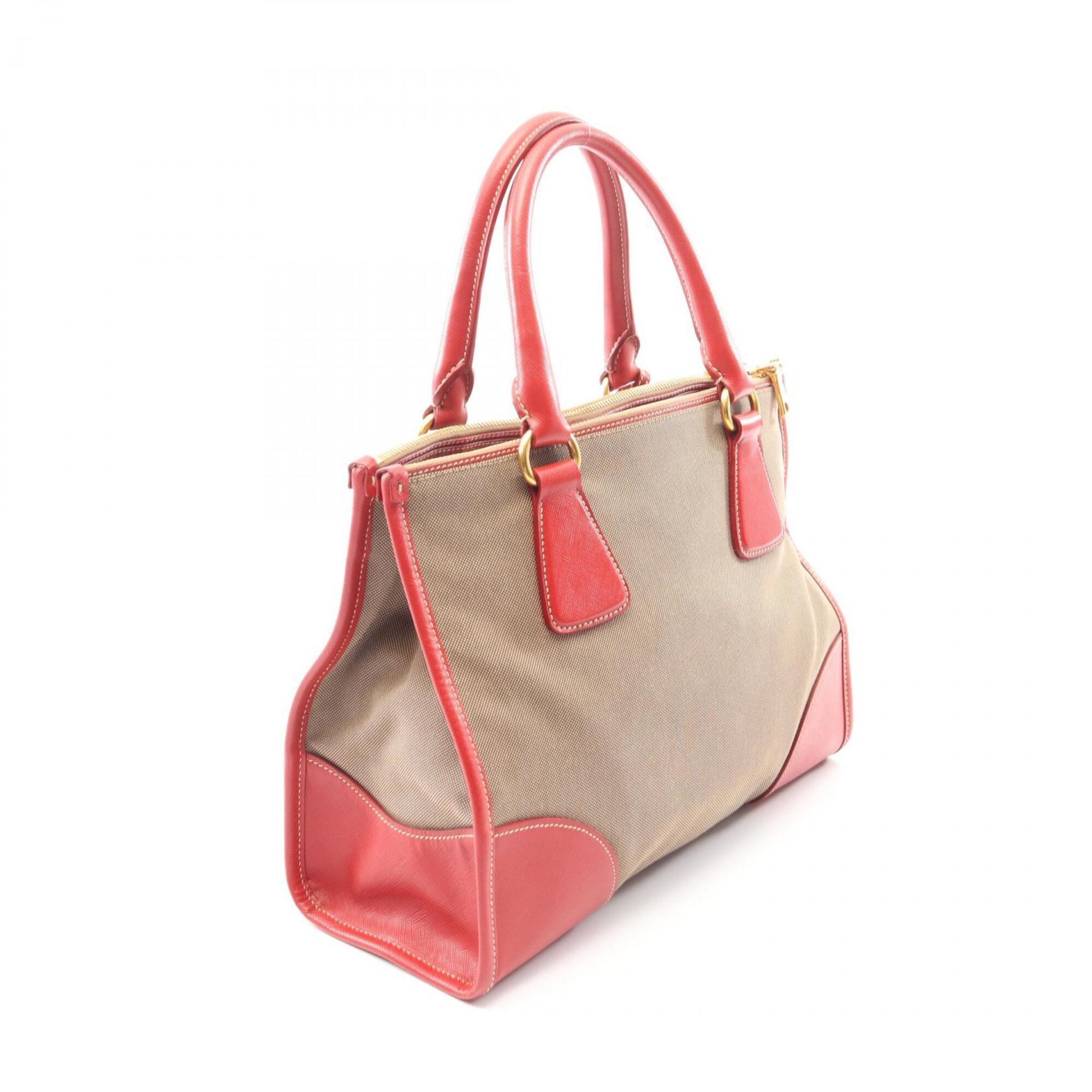 Prada Beige Red Color Canvas Leather Handbag (Pre-Owned)