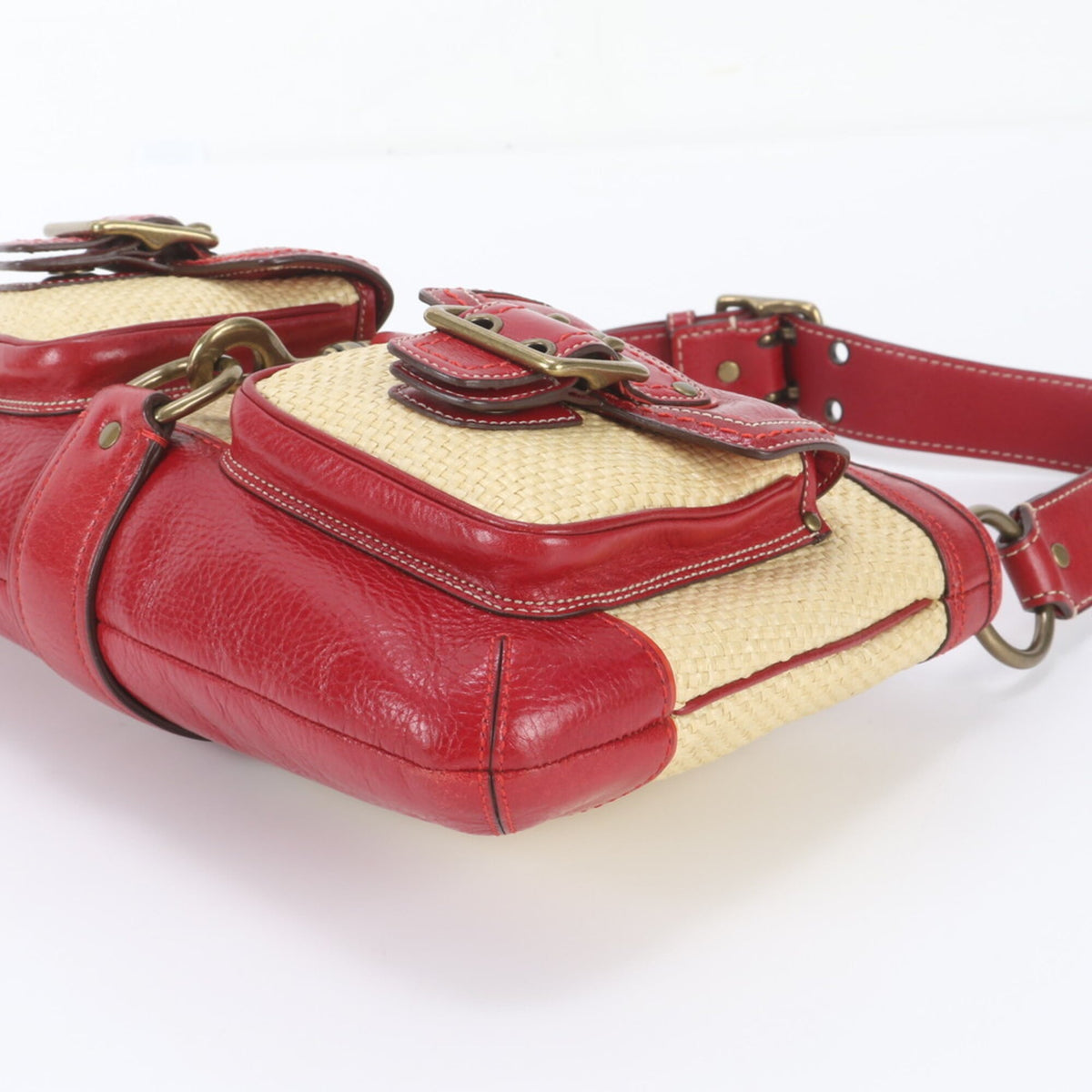 Coach Beige Red Color Leather Handbag Shoulder Bag Tote Bag (Pre-Owned)