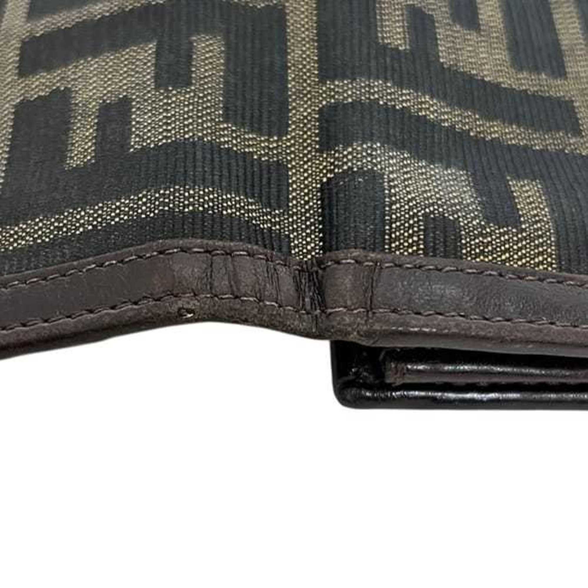 Fendi Brown Green Khaki Canvas Leather Long Wallet (Bi-Fold) (Pre-Owned)