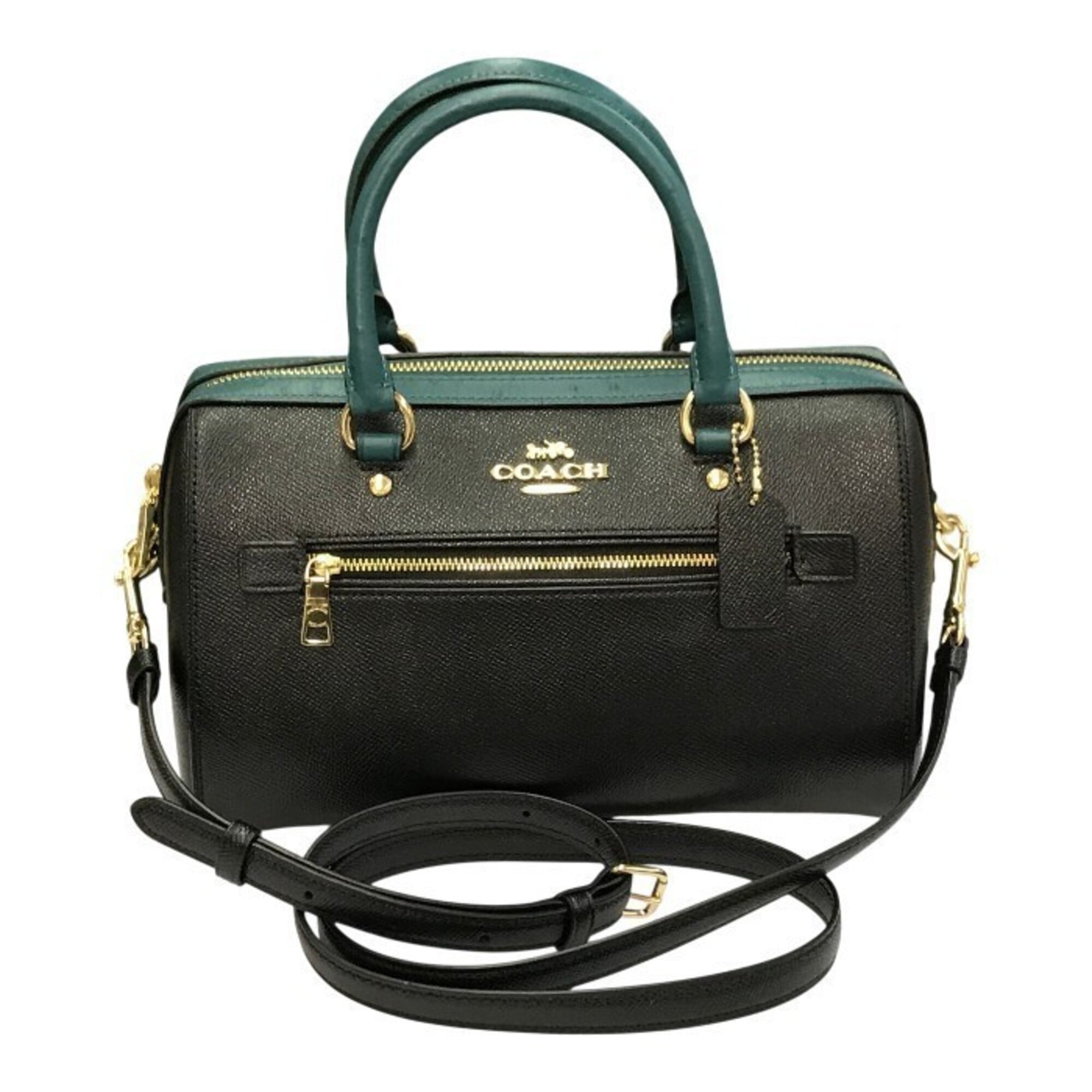 Coach Black Green Leather Boston Bag Handbag (Pre-Owned)