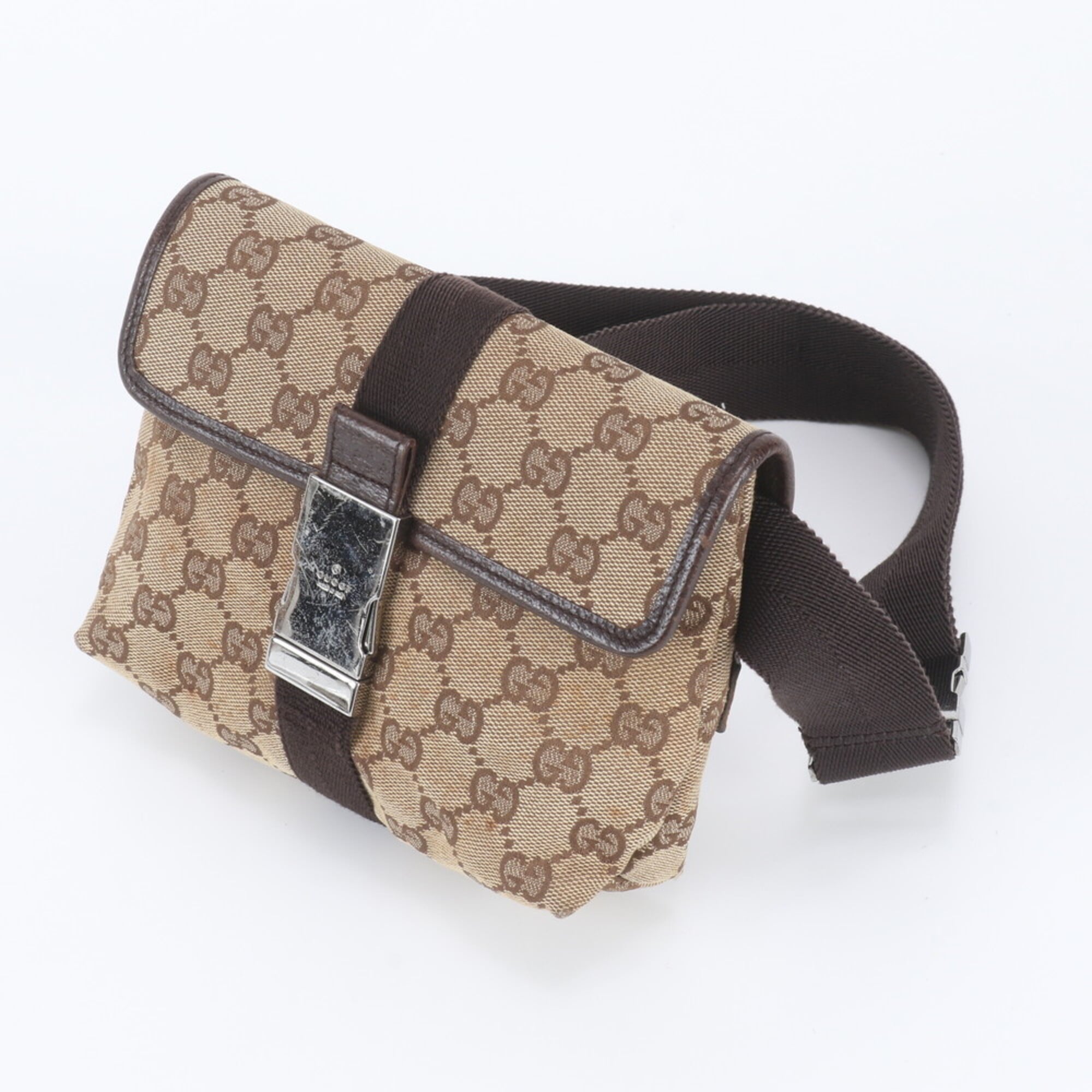 Gucci Brown Leather Canvas Pouch Shoulder Bag Sling Bag (Pre-Owned)