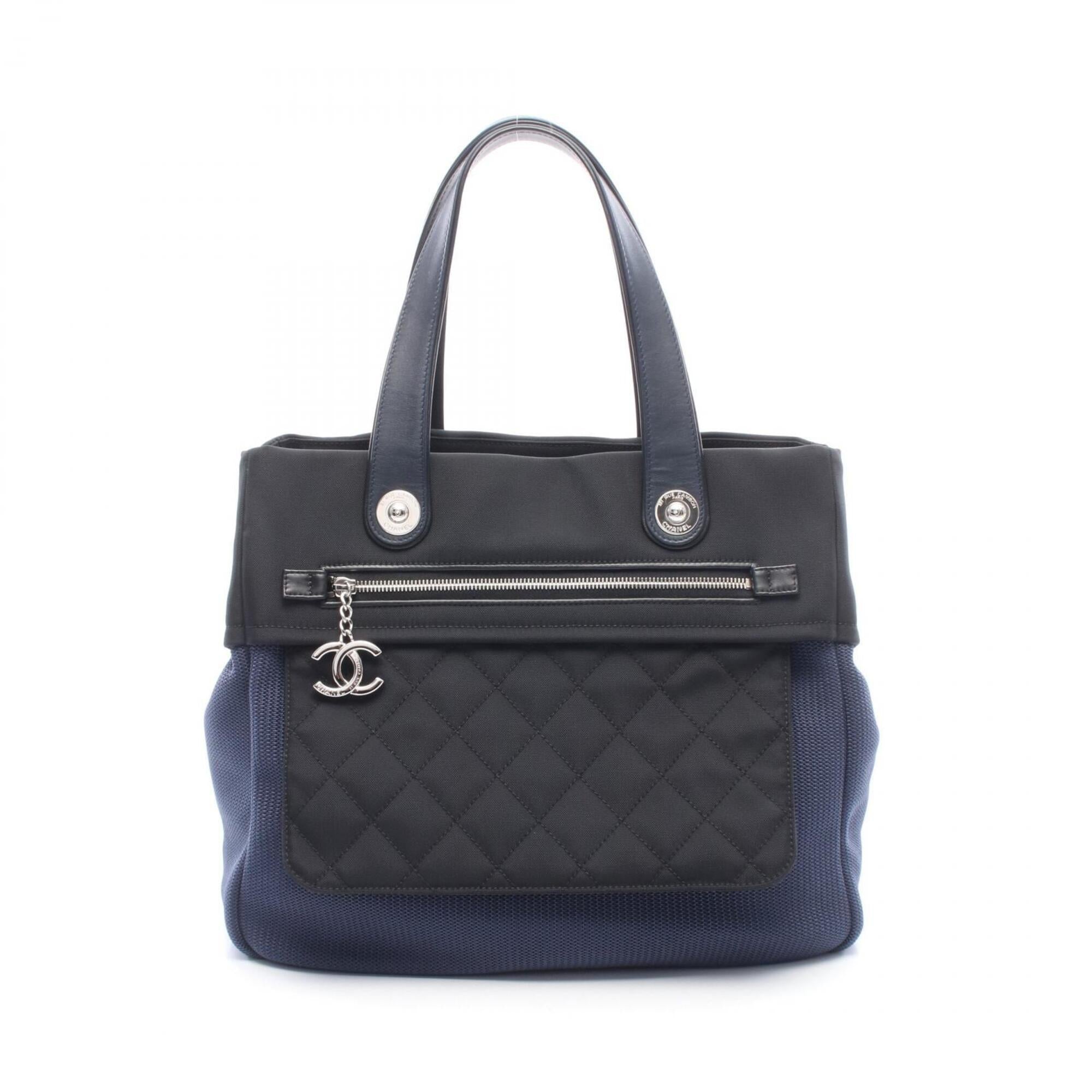 Chanel Black Navy Nylon Leather Handbag Tote Bag (Pre-Owned)