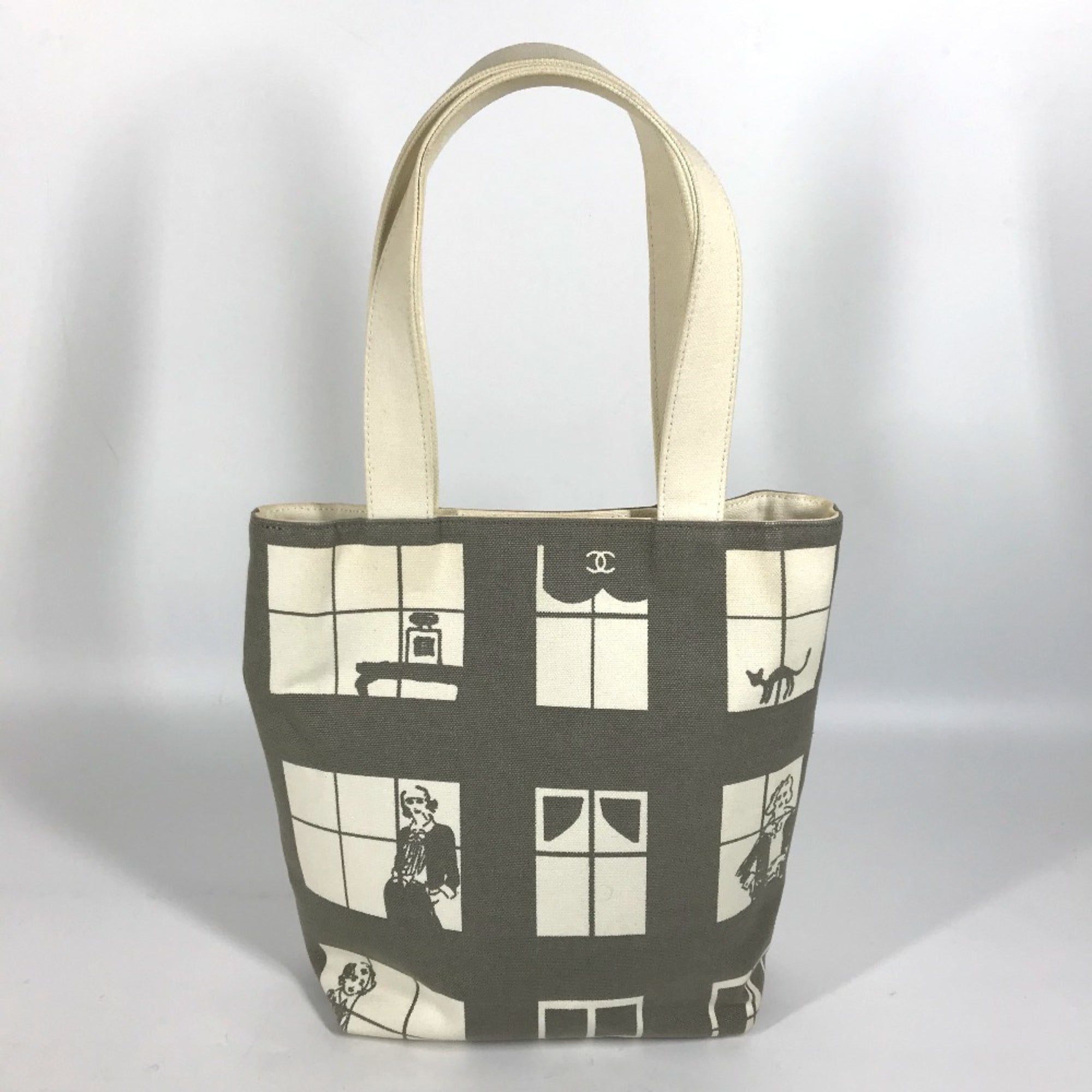 Chanel Gray White Canvas Handbag Shoulder Bag Tote Bag (Pre-Owned)