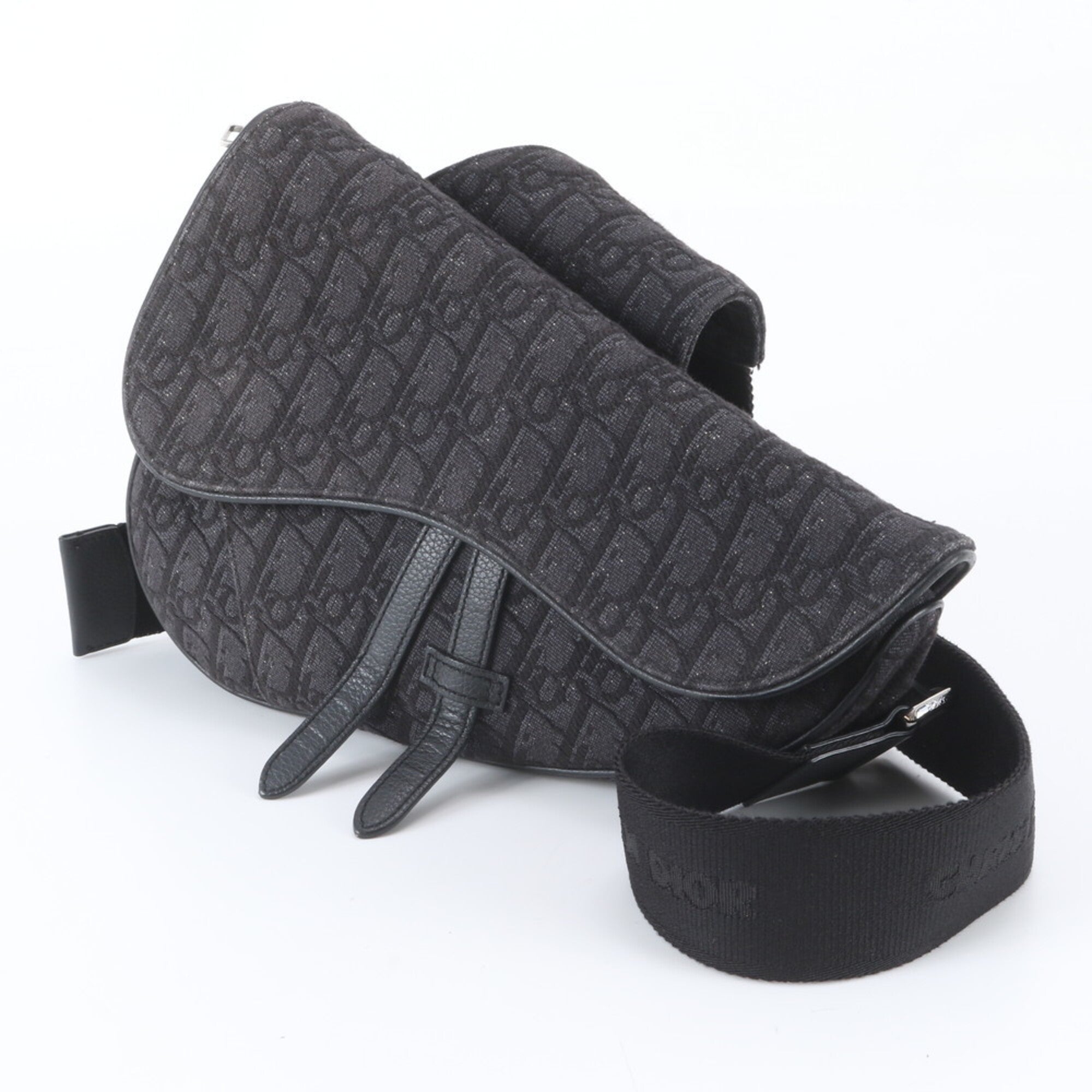 Christian Dior Black Leather Canvas Shoulder Bag Sling Bag (Pre-Owned)