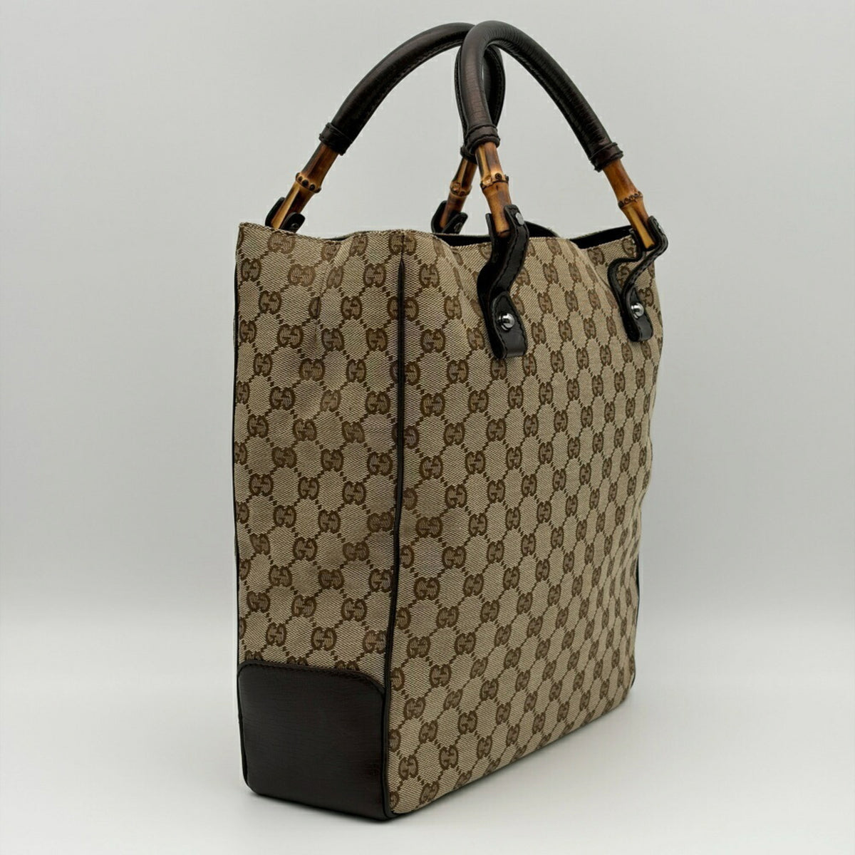 Gucci Beige Brown Bamboo Canvas Leather Tote Bag (Pre-Owned)