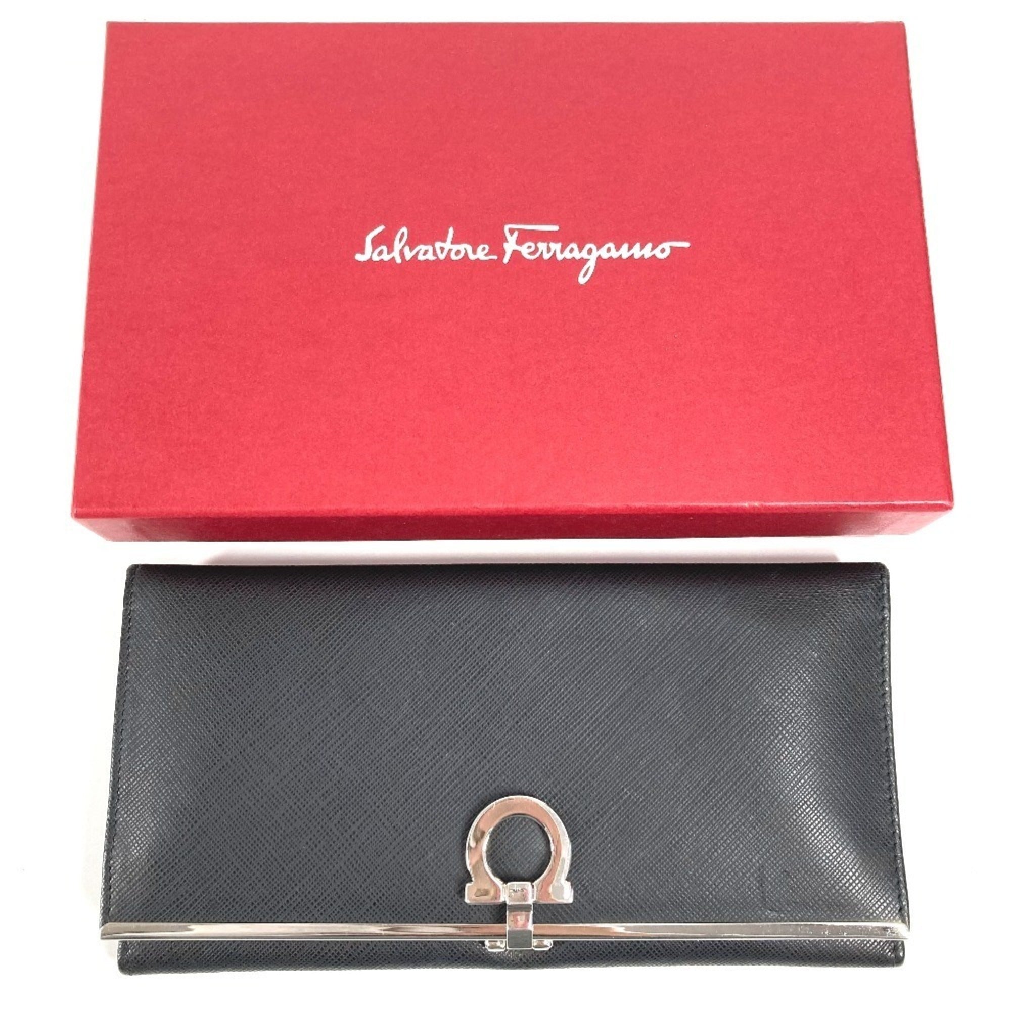 Salvatore Ferragamo Silver Black Leather Long Wallet (Bi-Fold) (Pre-Owned)