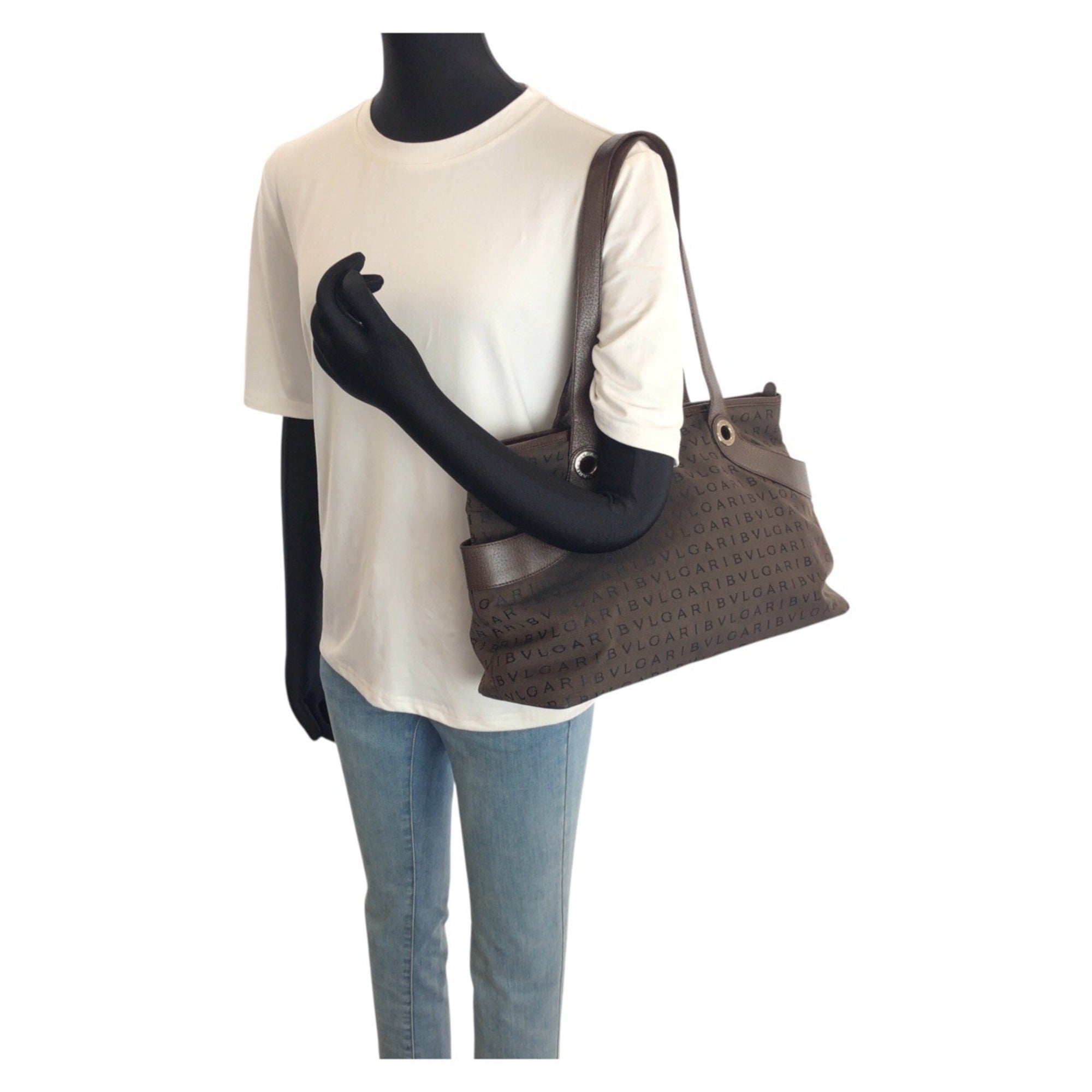 Bvlgari Dark Brown Canvas Leather Shoulder Bag Tote Bag (Pre-Owned)