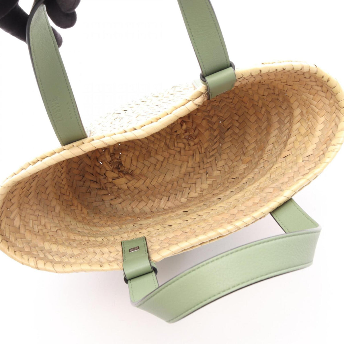 Loewe Beige Green Leather Raffia Basket Handbag (Pre-Owned)