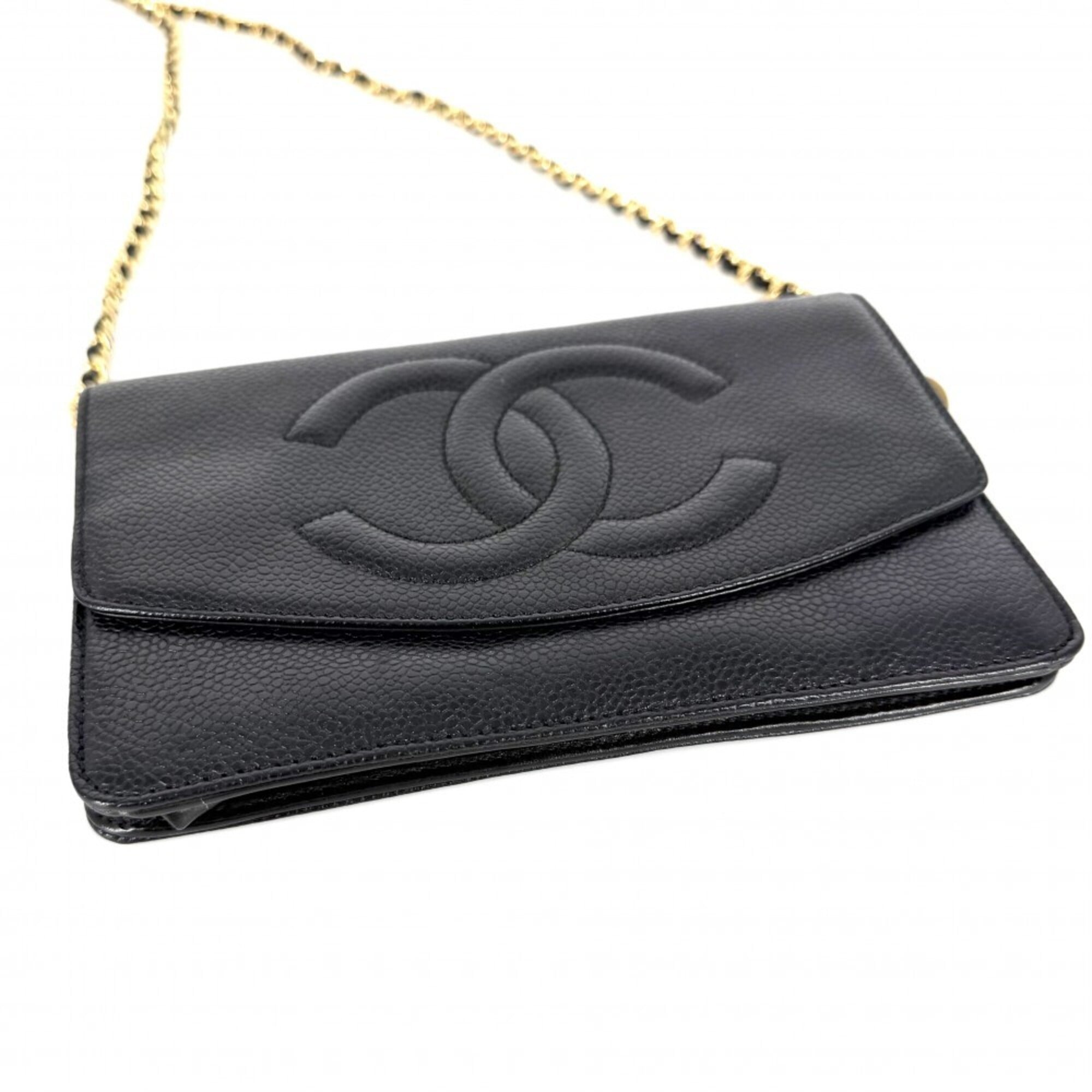 Chanel Black White Grained Calfskin Chain/Shoulder Wallet (Pre-Owned)