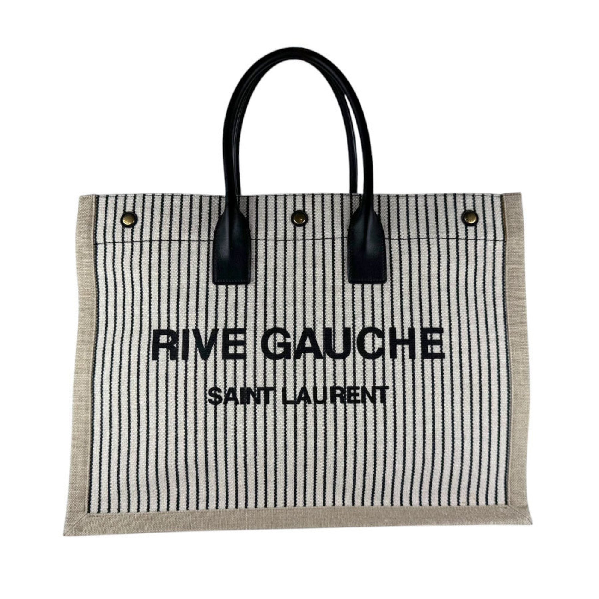Saint Laurent Beige Black Ivory Canvas Leather Handbag Tote Bag (Pre-Owned)