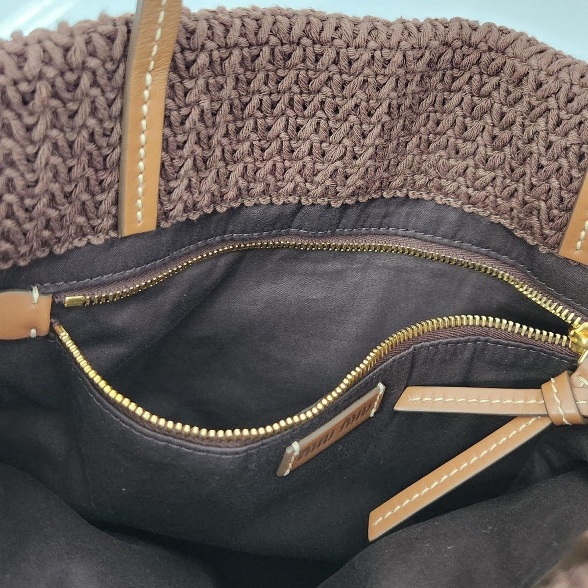 Miu Miu Beige Blue Brown Cocoa Cotton 59% Polyester 25% Rayon 16% Leather Tote Bag (Pre-Owned)