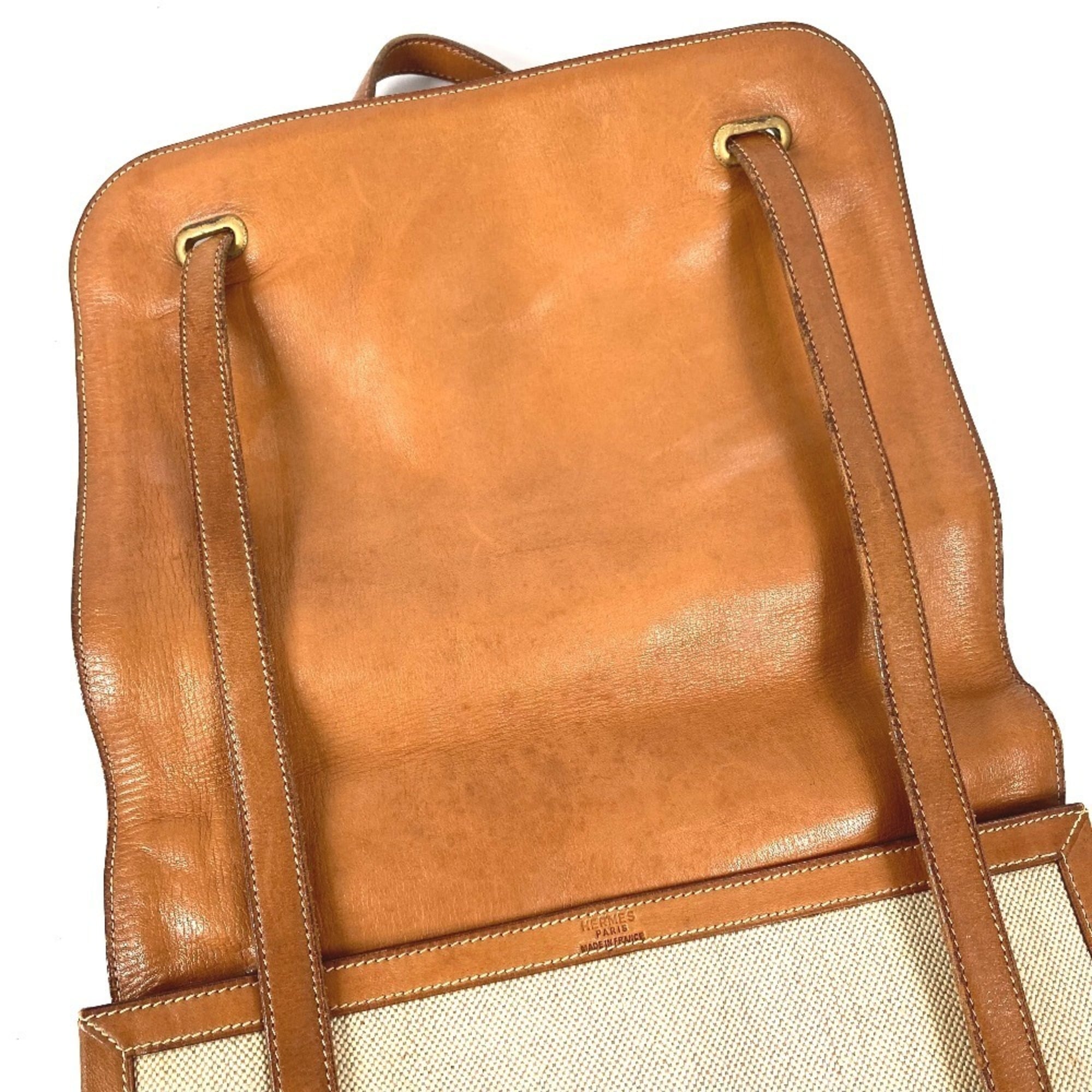 Hermes Beige Brown Leather Canvas Handbag Shoulder Bag (Pre-Owned)