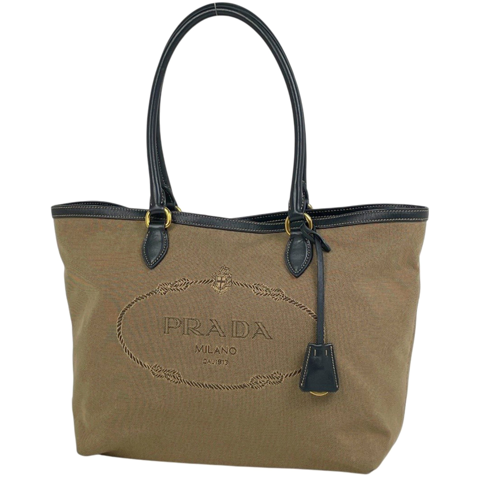Prada Black Brown Canvas Leather Tote Bag (Pre-Owned)