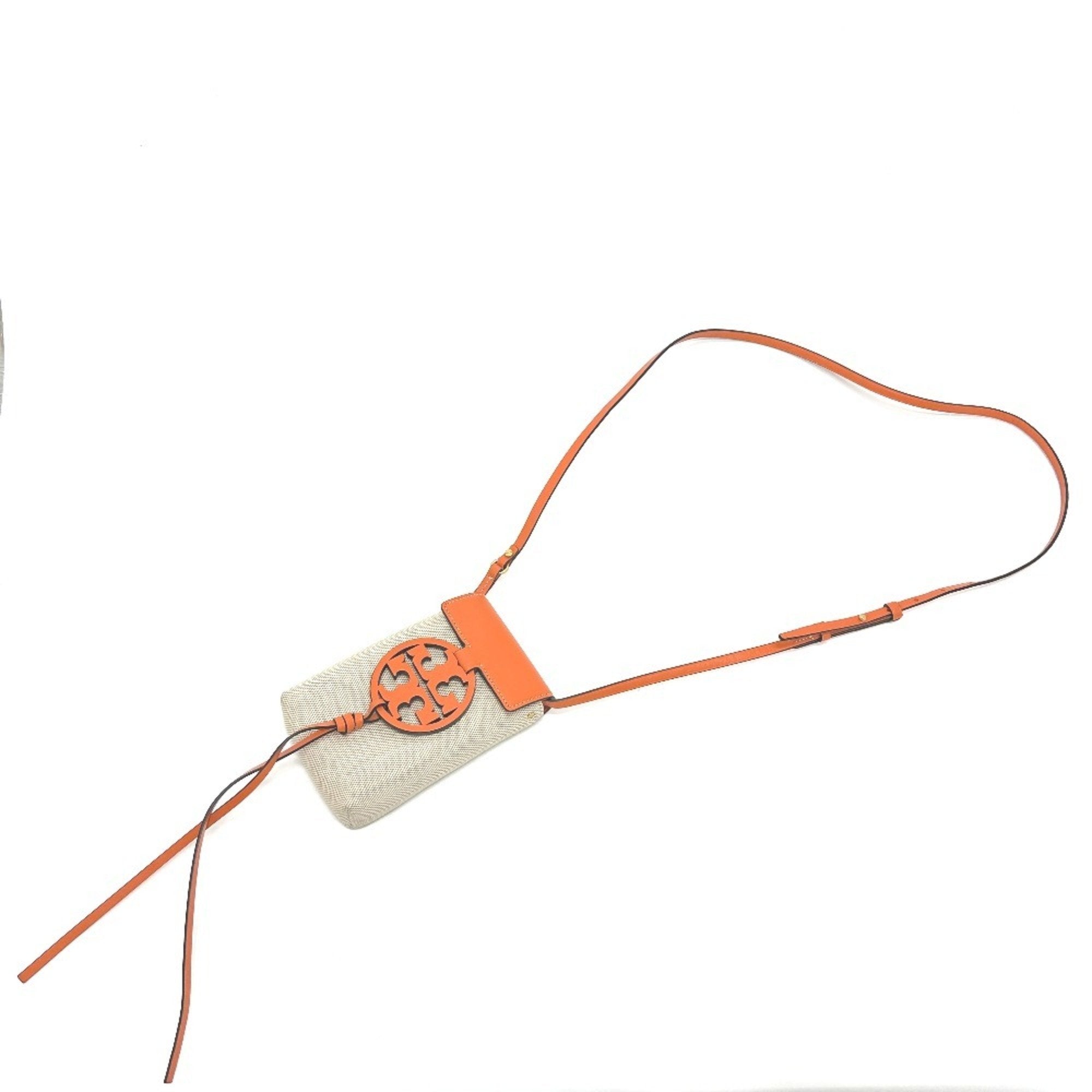 Tory Burch Beige Orange Canvas Leather Pochette Shoulder Bag (Pre-Owned)