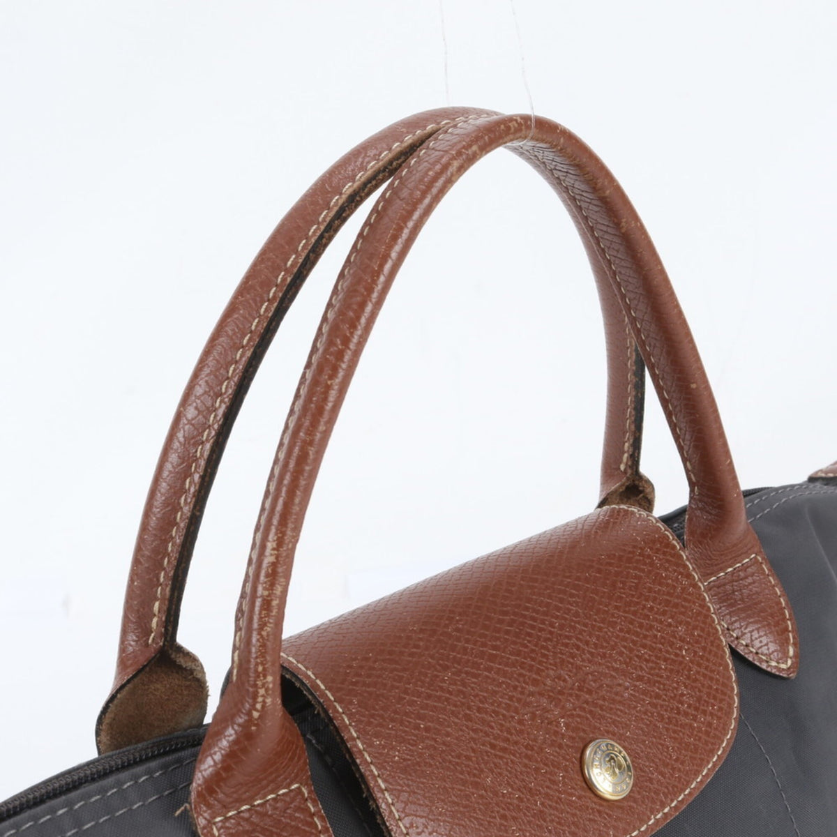 Longchamp Dark Gray Leather Nylon Handbag Shoulder Bag Tote Bag (Pre-Owned)