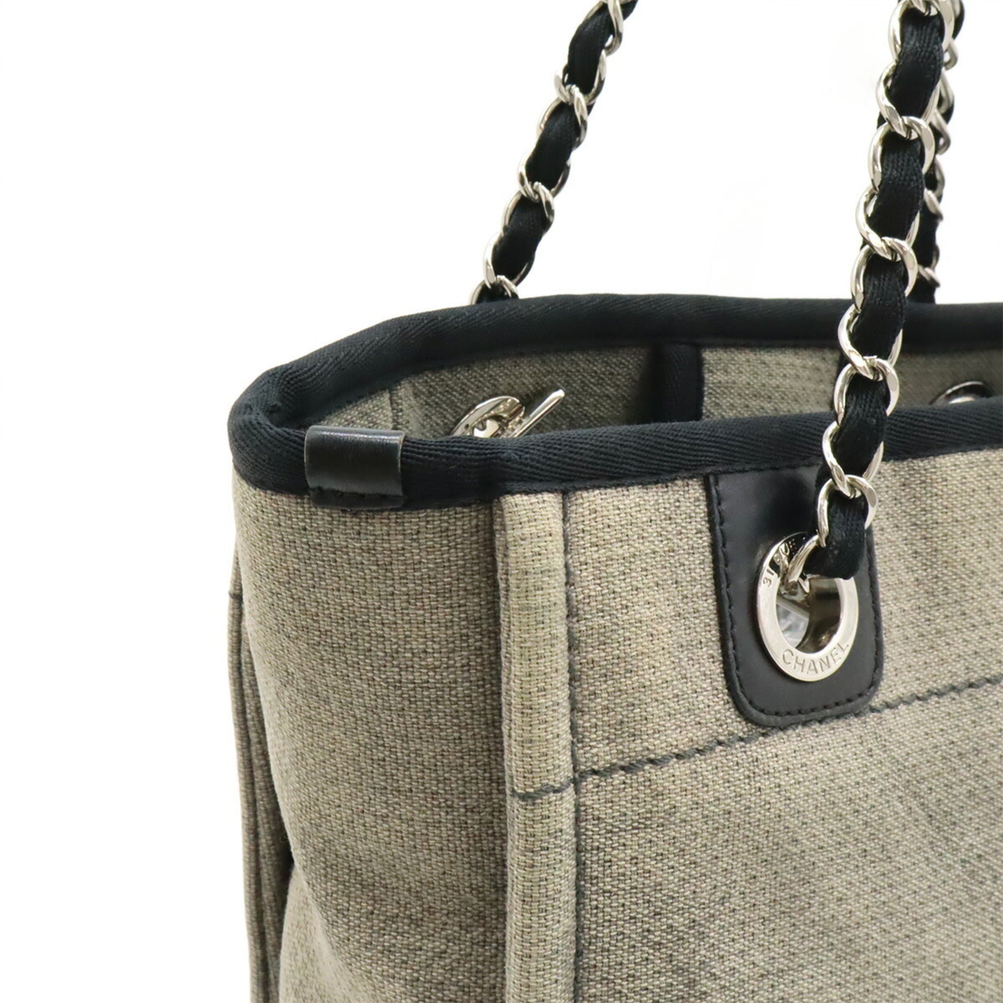 Chanel Black Gray Canvas Leather Shoulder Bag Tote Bag (Pre-Owned)
