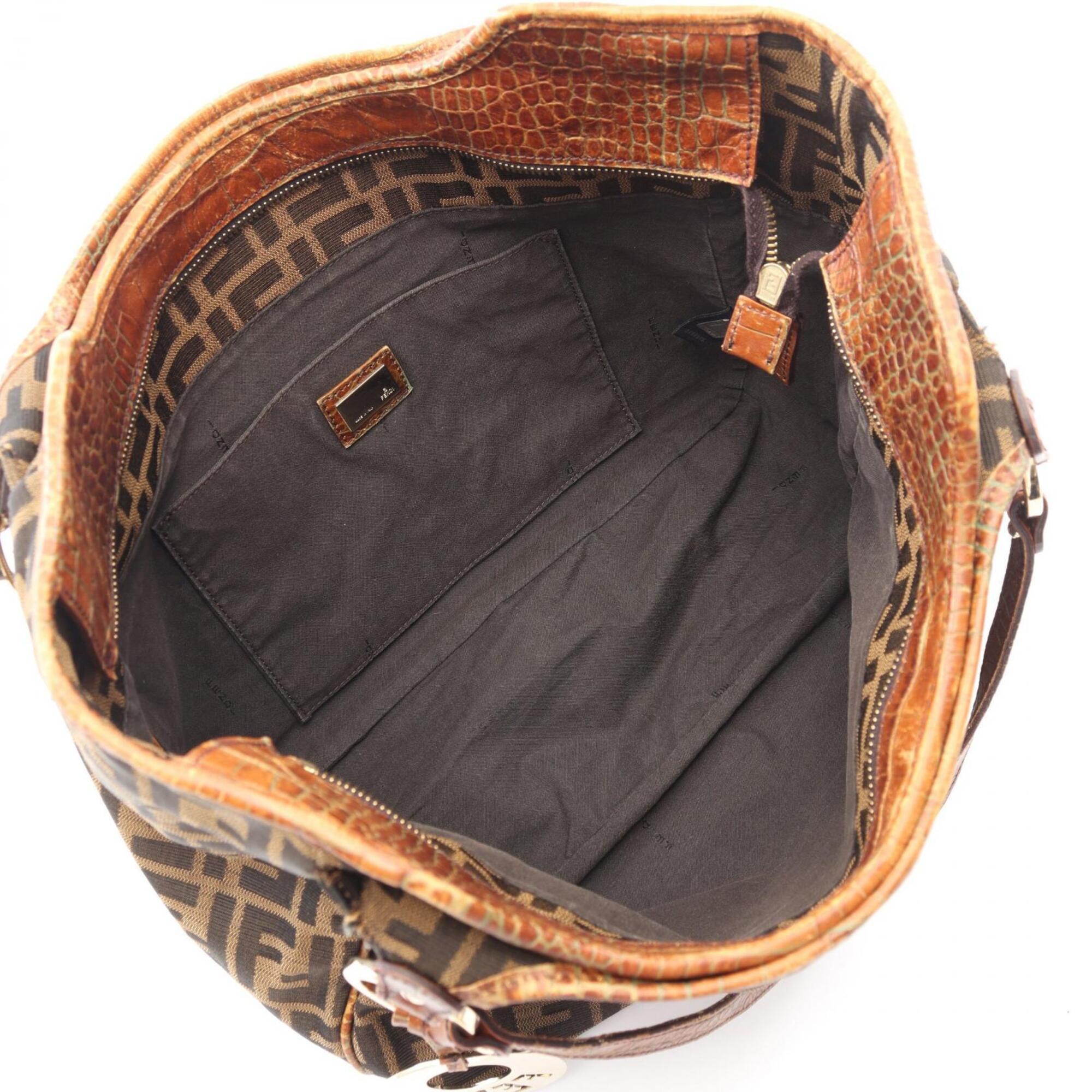 Fendi Brown Leather Nylon Canvas Handbag Tote Bag (Pre-Owned)