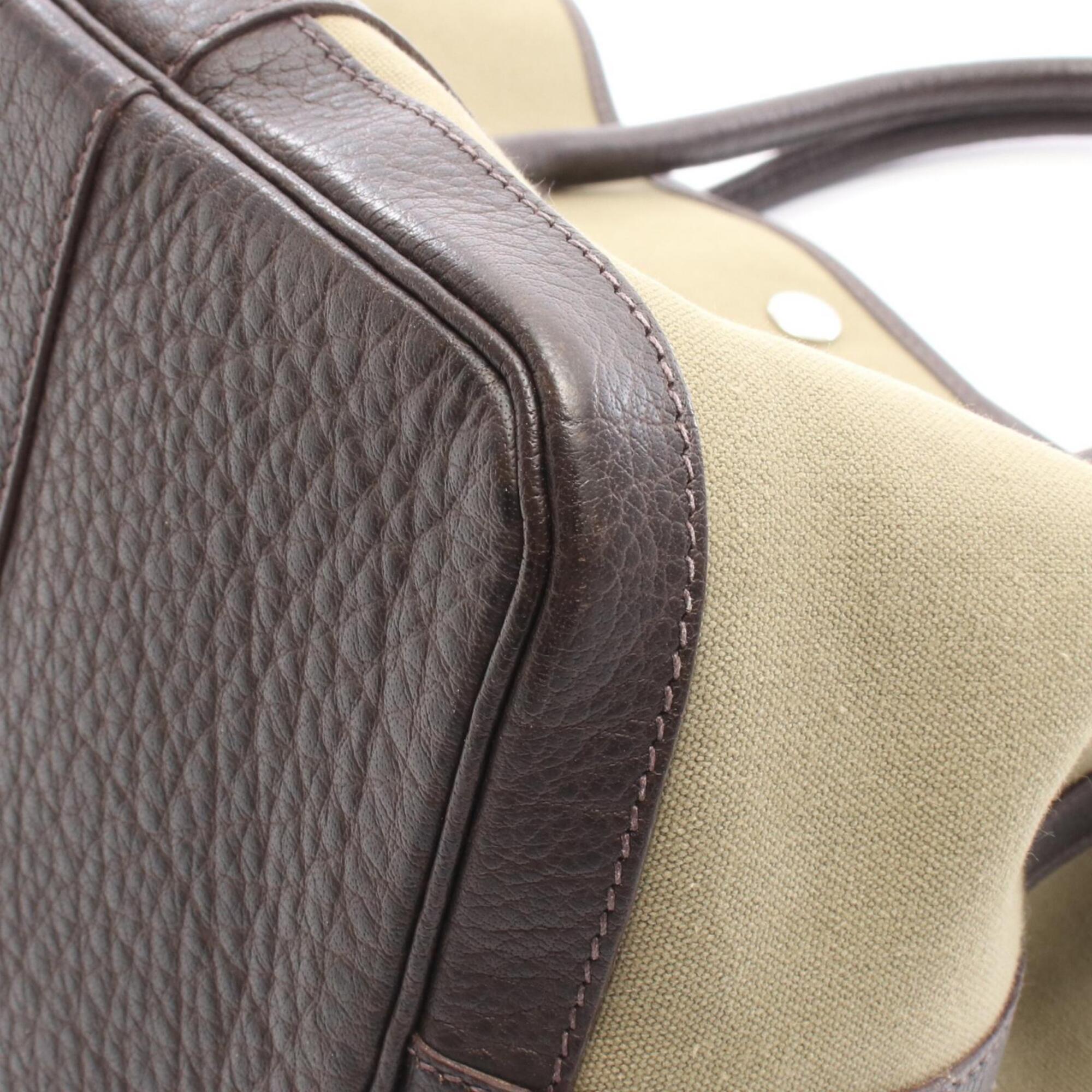 Hermes Brown Khaki Toile Officier Leather Handbag Tote Bag (Pre-Owned)