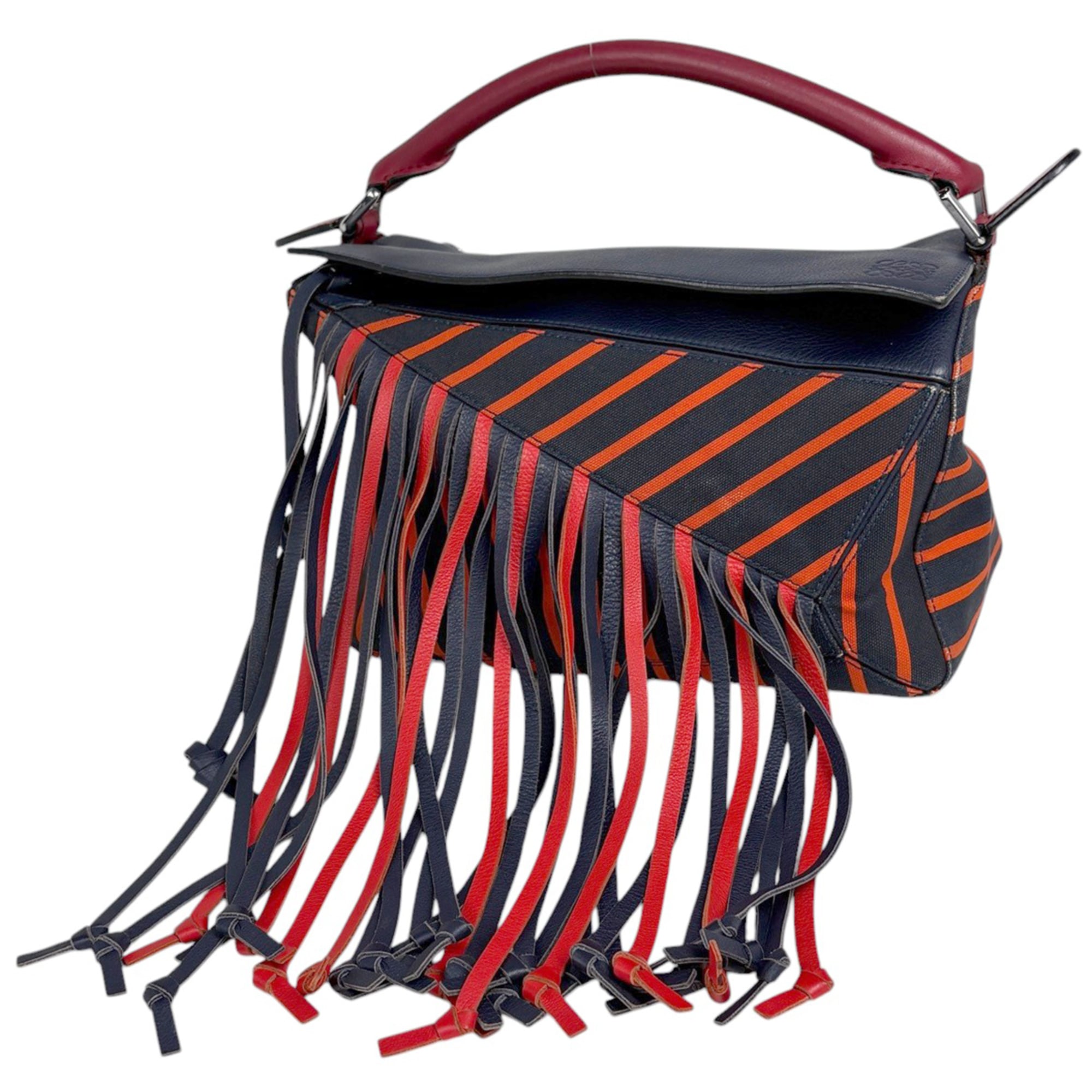Loewe Navy Red Color Leather Canvas Handbag (Pre-Owned)