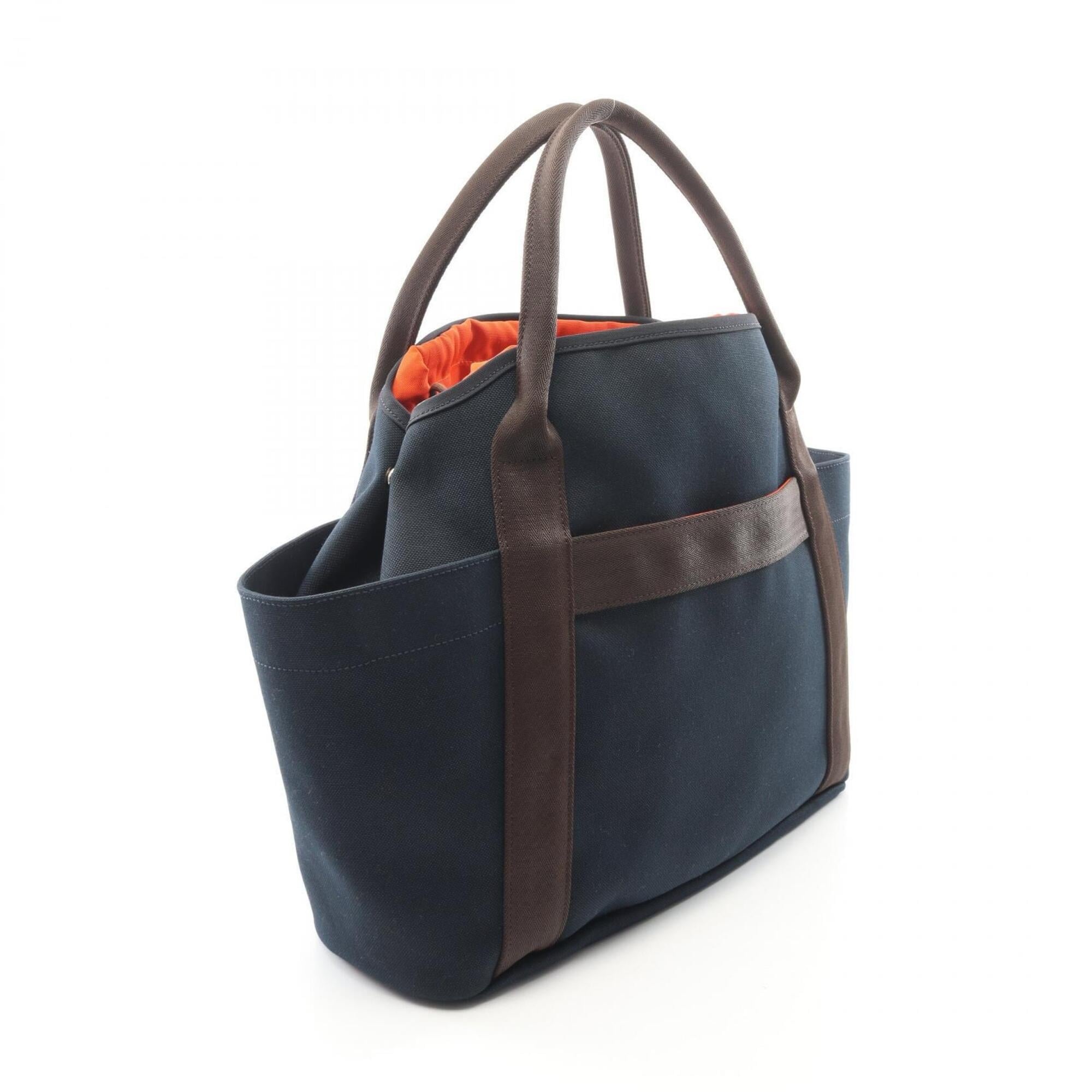 Hermes Brown Feu Navy Toile Chevron Handbag Tote Bag (Pre-Owned)