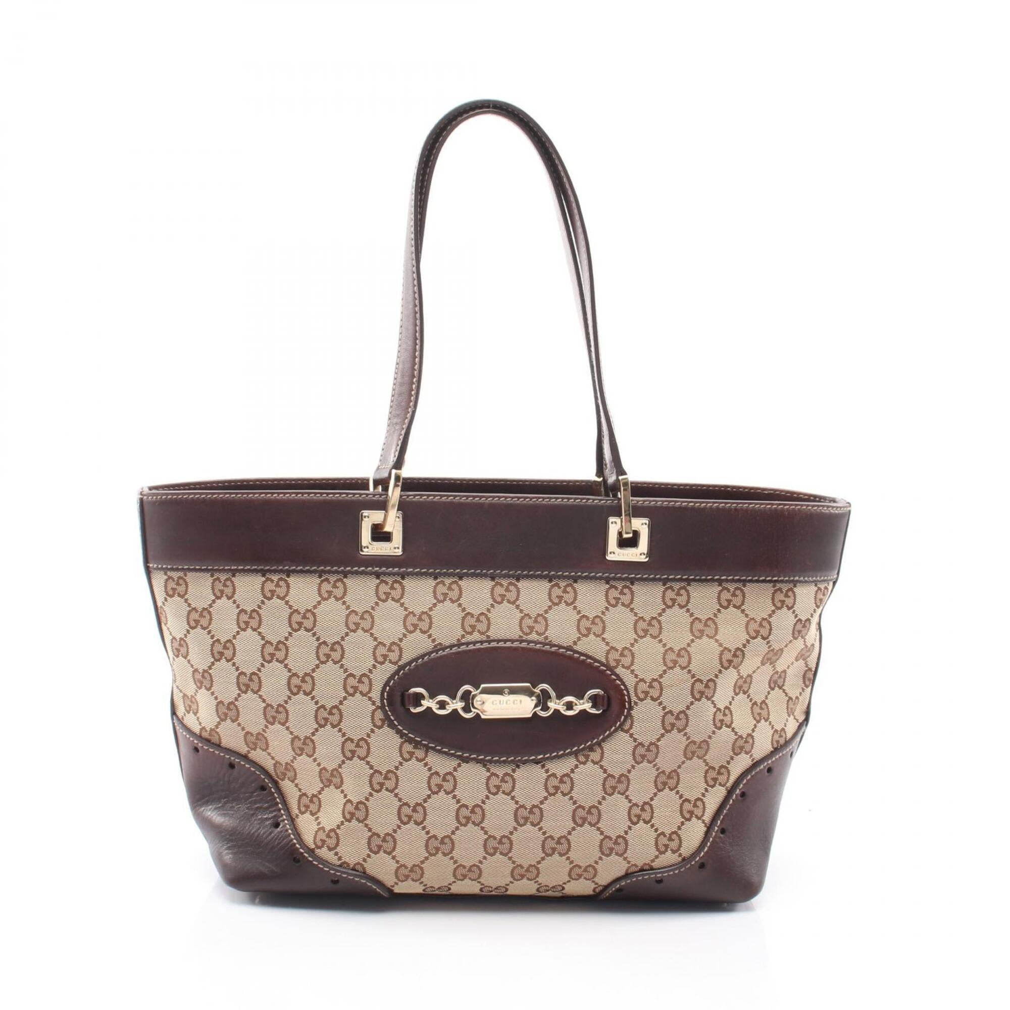 Gucci Gg Canvas Beige Brown Gg Canvas Leather Handbag Tote Bag (Pre-Owned)