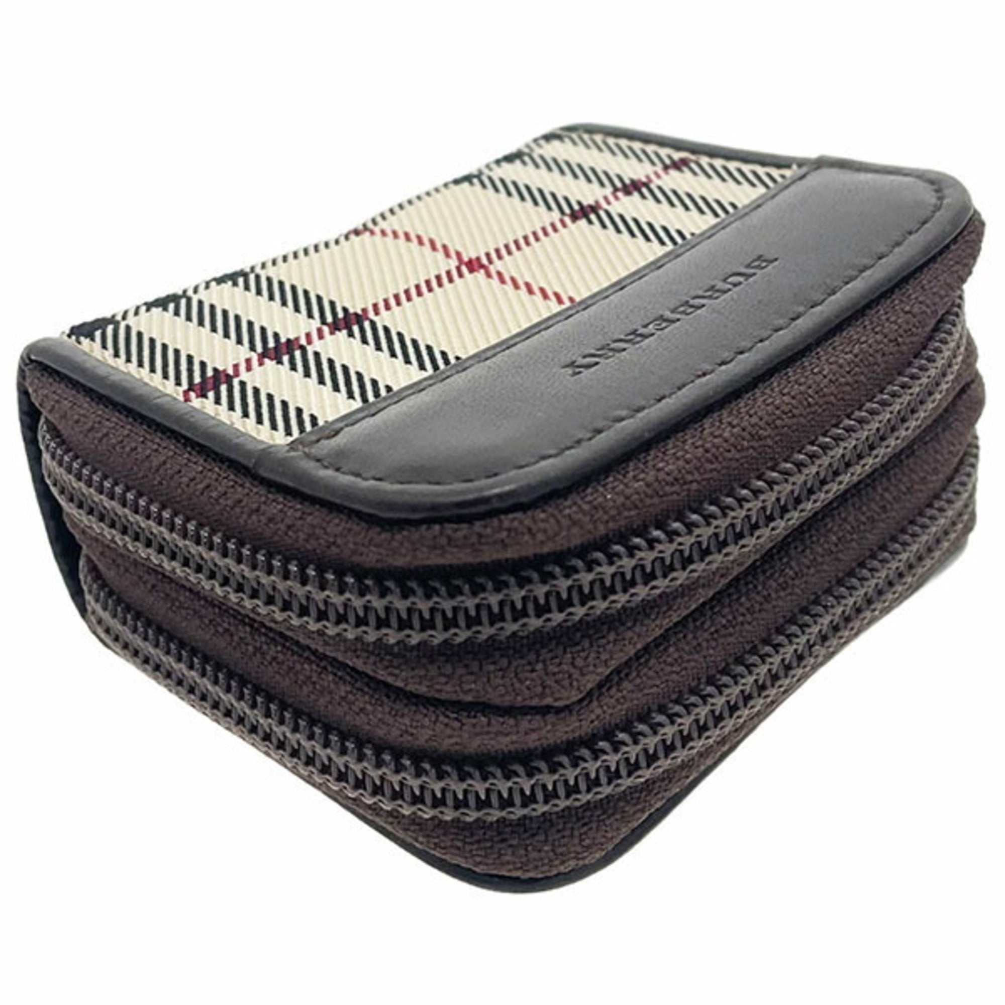 Burberry Beige Dark Brown Nylon Leather Coin Purse/Coin Case (Pre-Owned)