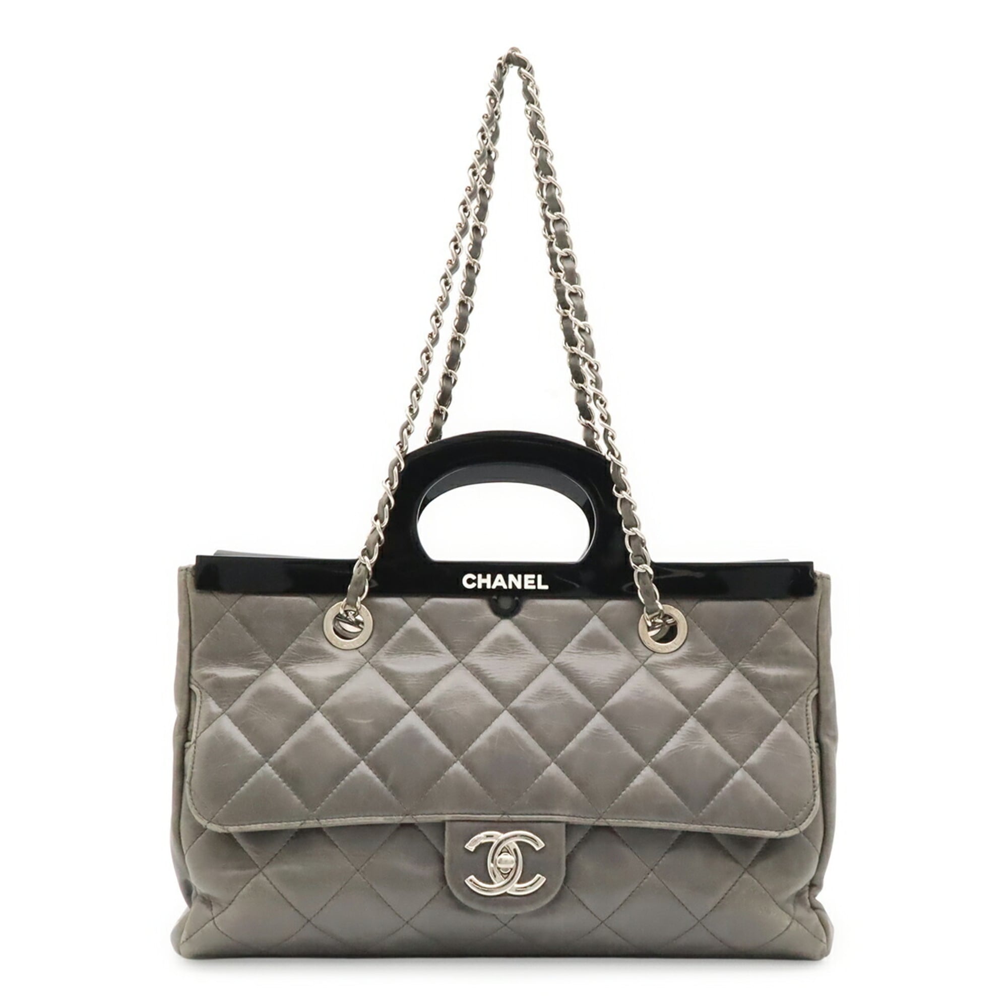 Chanel Black Gray Leather Handbag Shoulder Bag (Pre-Owned)