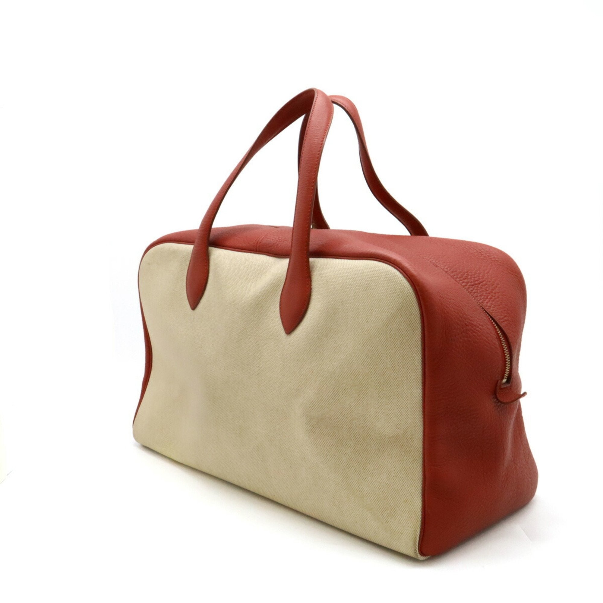 Hermes Beige Red Color Toile H Leather Boston Bag Handbag (Pre-Owned)