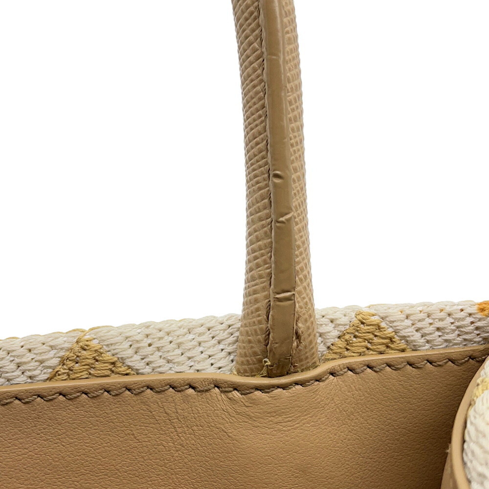 Prada Beige White Canvas Leather Handbag Shoulder Bag (Pre-Owned)