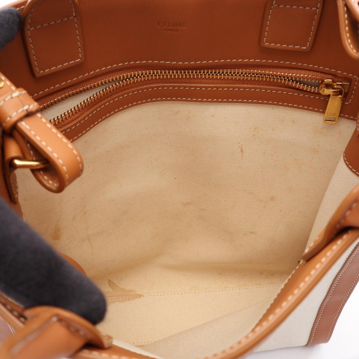 Celine Brown Ivory Canvas Leather Handbag Tote Bag (Pre-Owned)