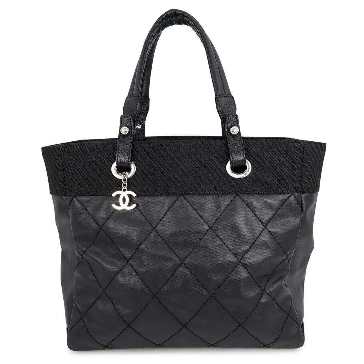 Chanel Black Leather Canvas Tote Bag (Pre-Owned)