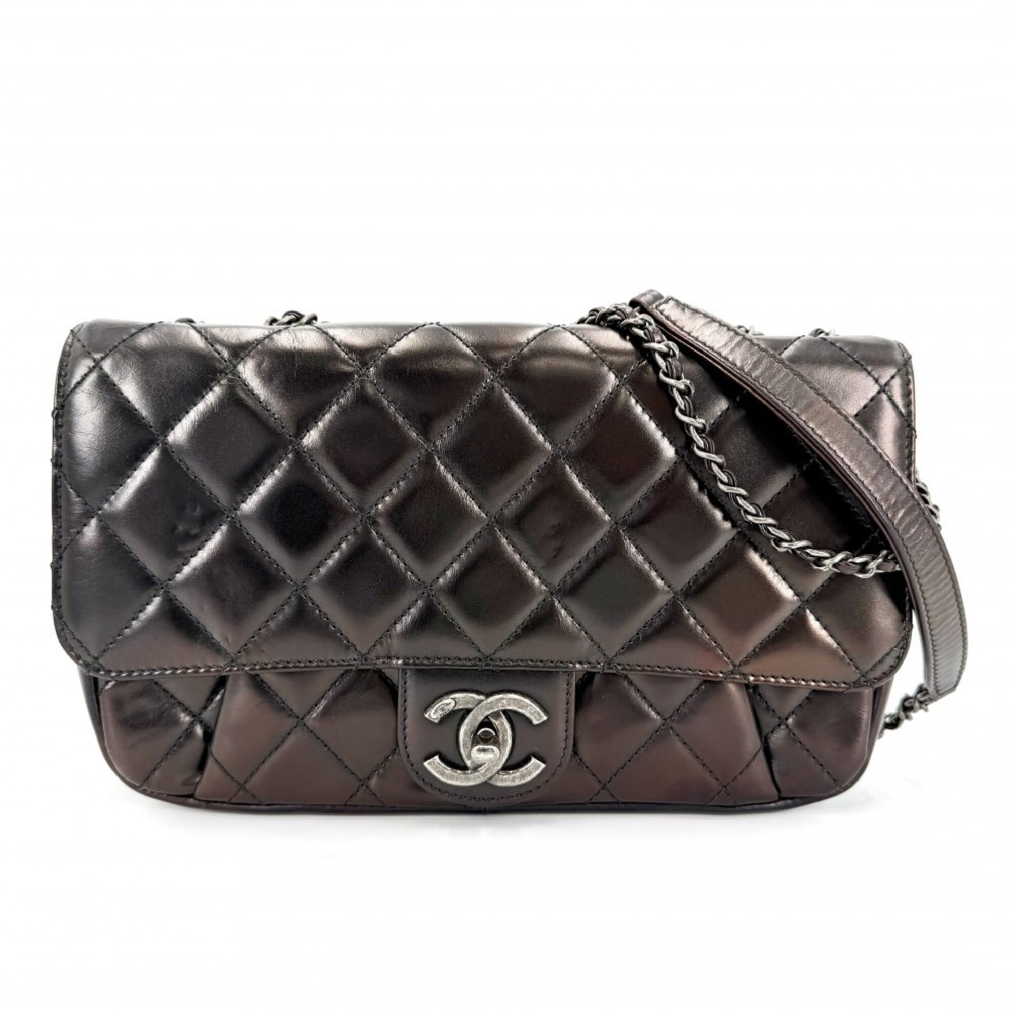 Chanel Brown Matte Silver White Leather Shoulder Bag (Pre-Owned)