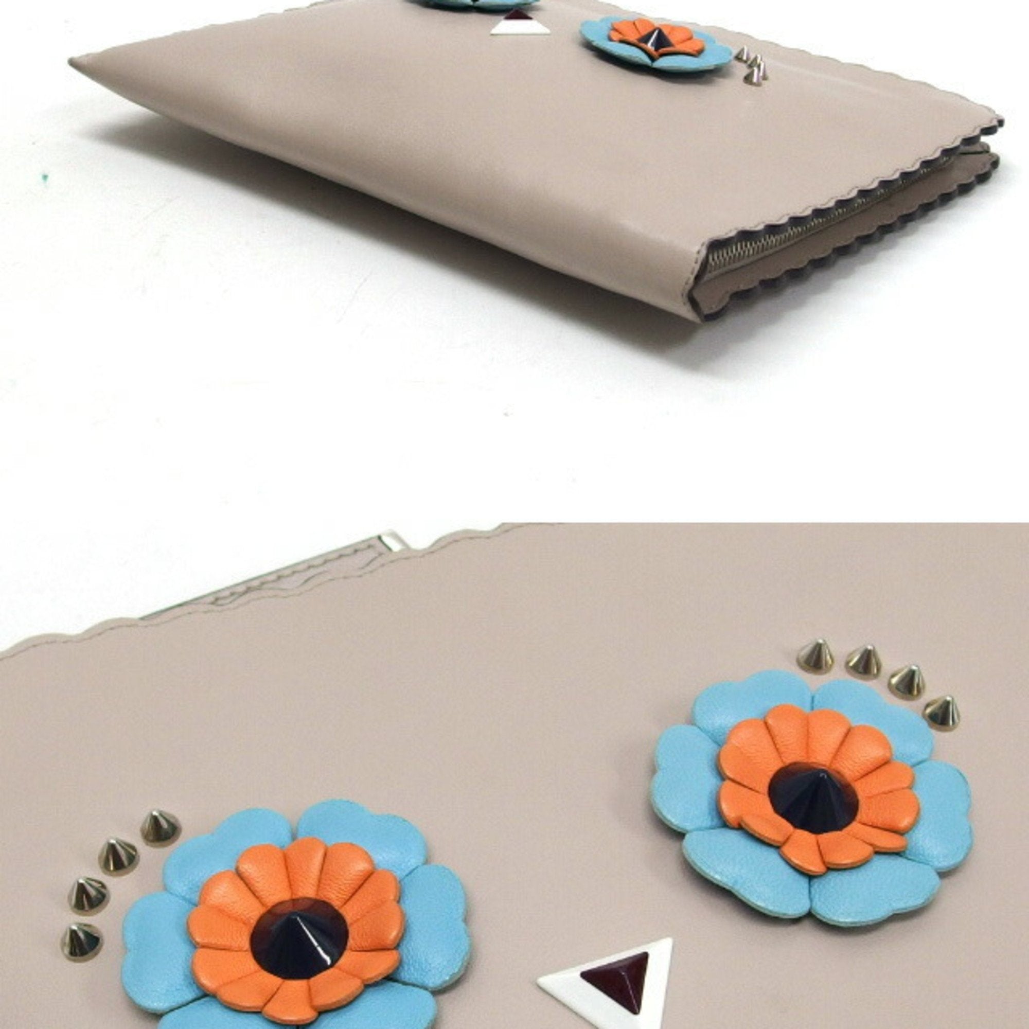 Fendi Beige Light Blue Orange Leather Clutch Bag Pouch (Pre-Owned)