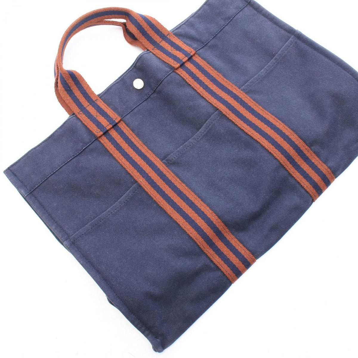 Hermes Brown Navy Canvas Handbag Tote Bag (Pre-Owned)
