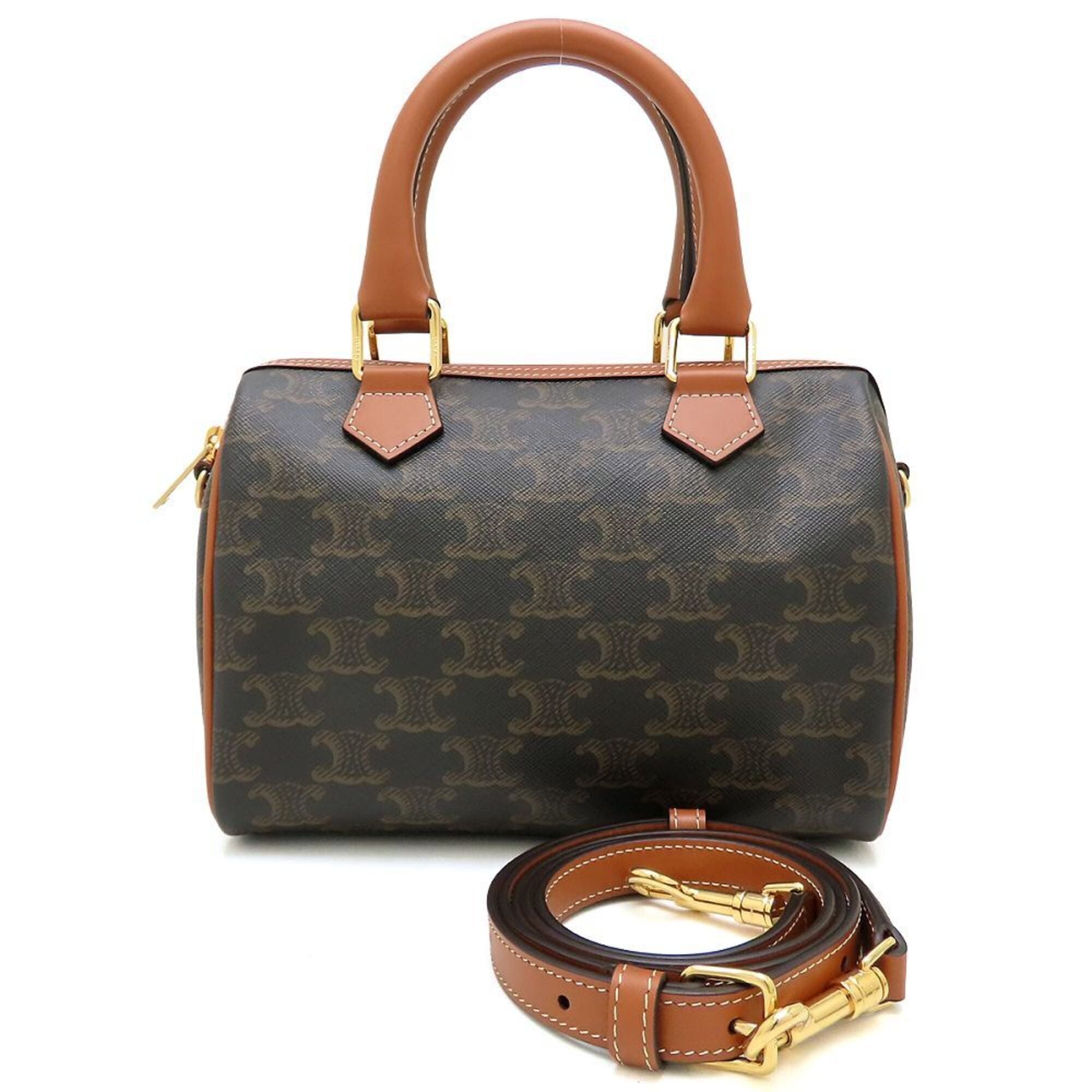 Celine Brown Leather Canvas Boston Bag Handbag (Pre-Owned)