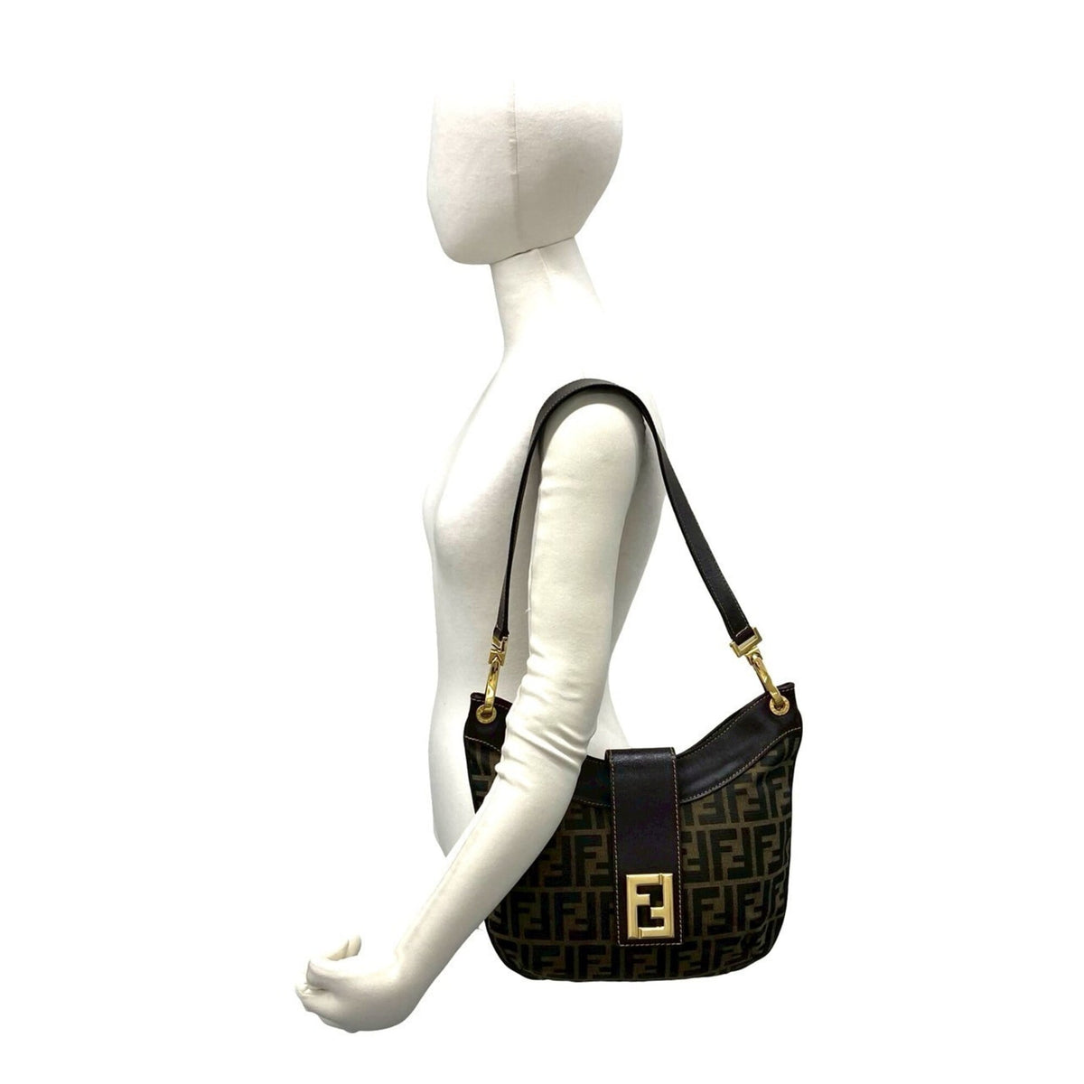Fendi Black Brown Canvas Leather Shoulder Bag (Pre-Owned)