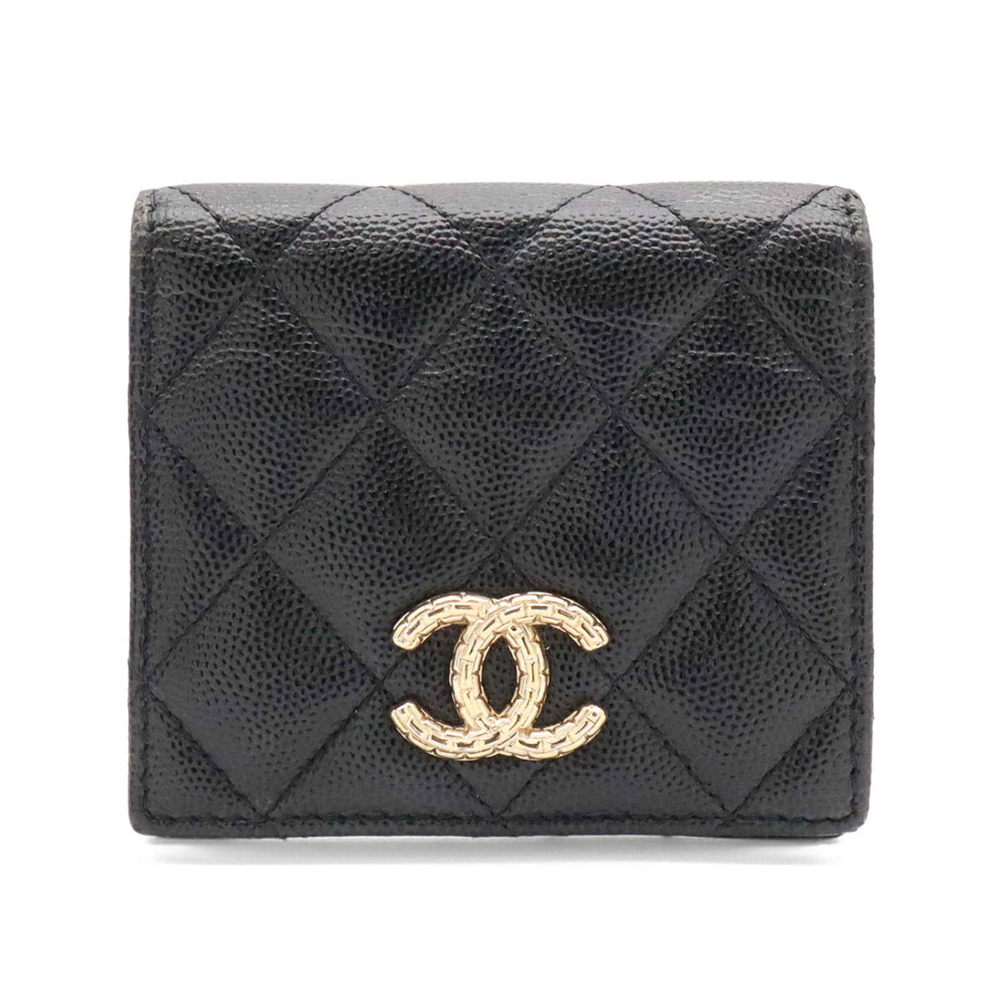 Chanel Black White Grained Calfskin Wallet (Bi-Fold) (Pre-Owned)