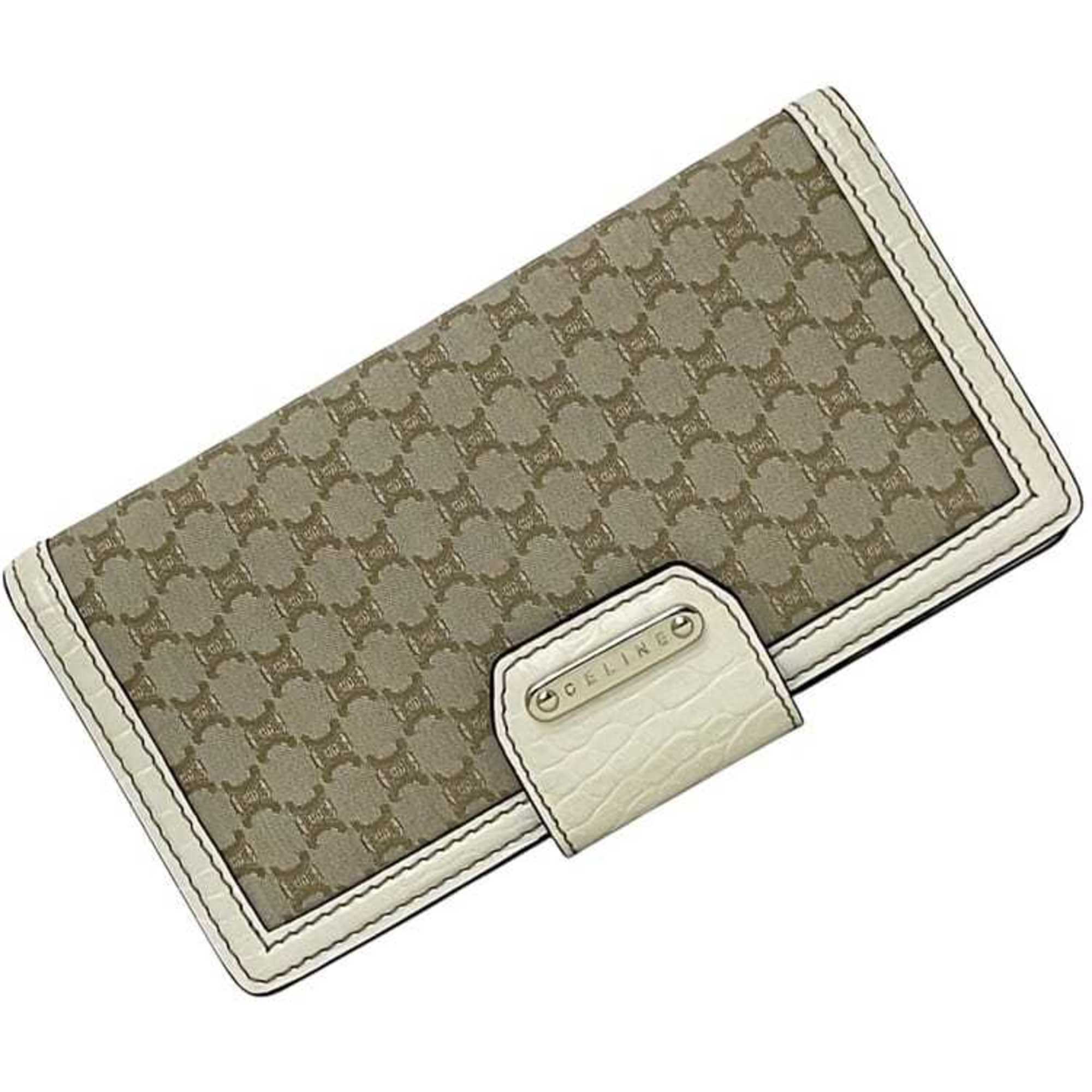 Celine Beige White Canvas Leather Long Wallet (Bi-Fold) (Pre-Owned)