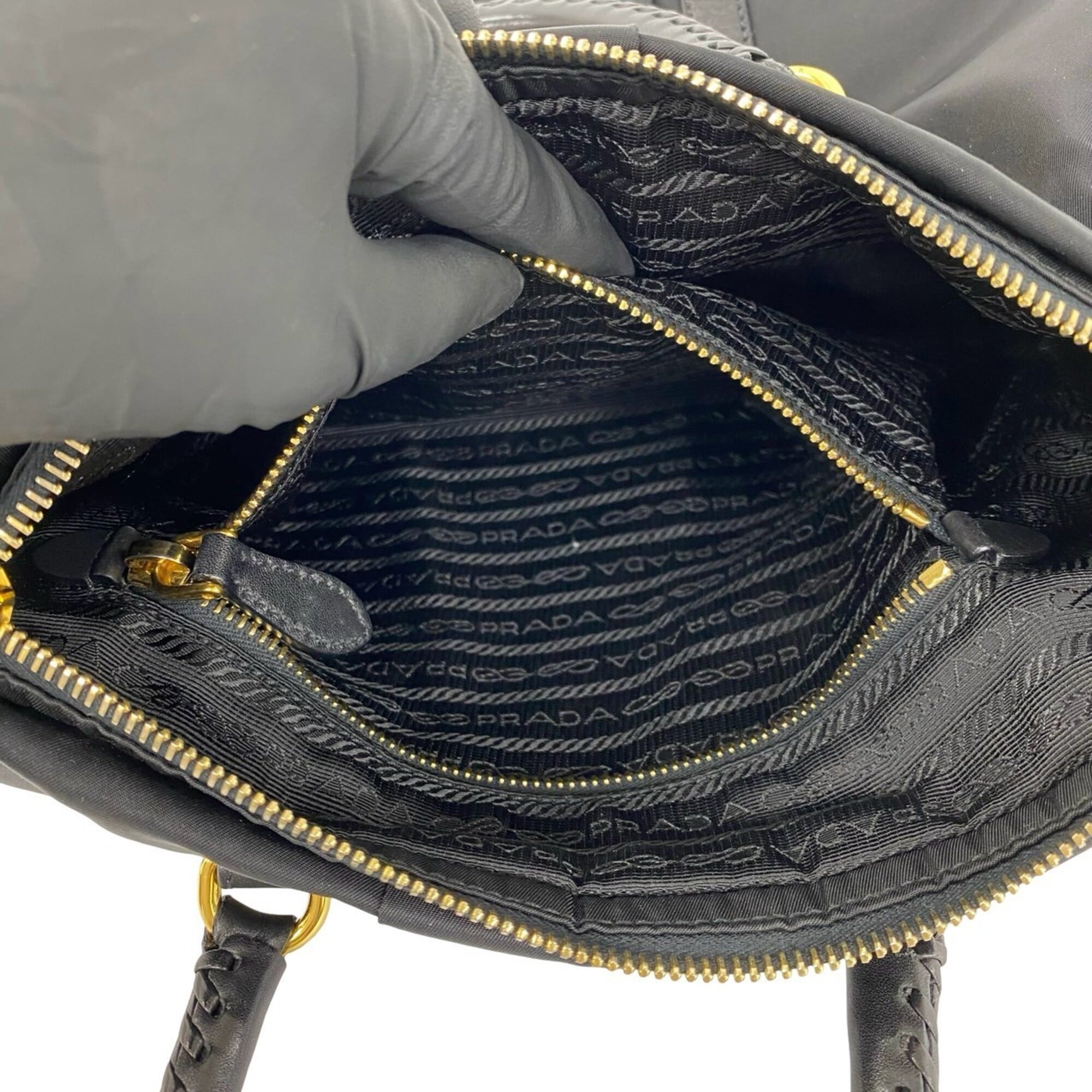 Prada Black Nylon Leather Handbag Shoulder Bag Tote Bag (Pre-Owned)