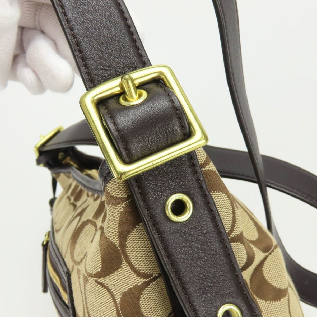 Coach Signature Beige Dark Brown Canvas Leather Shoulder Bag (Pre-Owned)