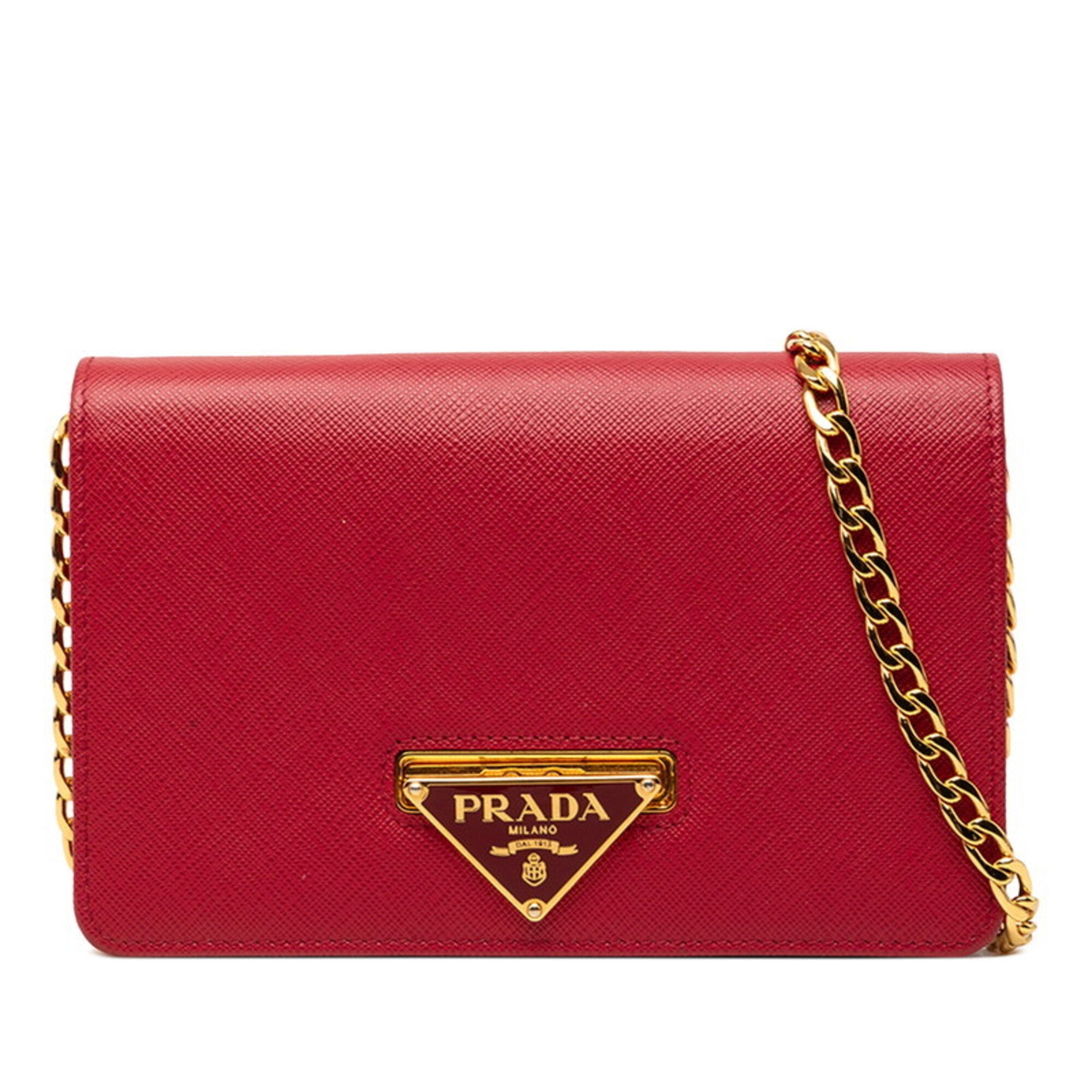 Prada Saffiano Red Color Leather Chain/Shoulder Wallet (Pre-Owned)