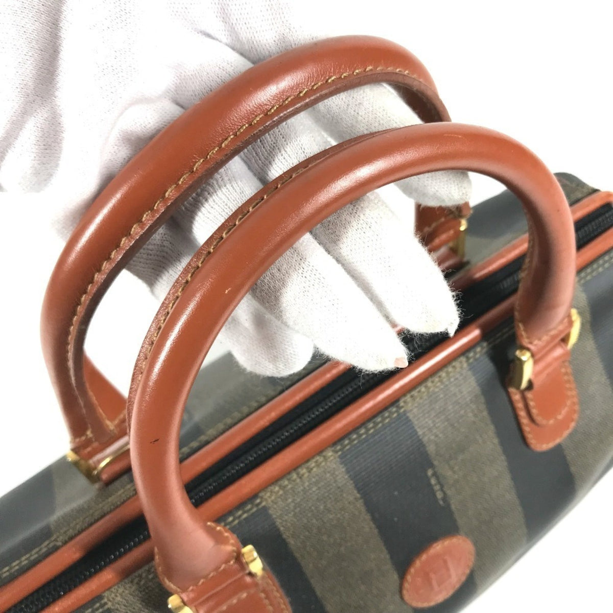 Fendi Pequin Brown Khaki Pvc Leather Boston Bag Handbag (Pre-Owned)