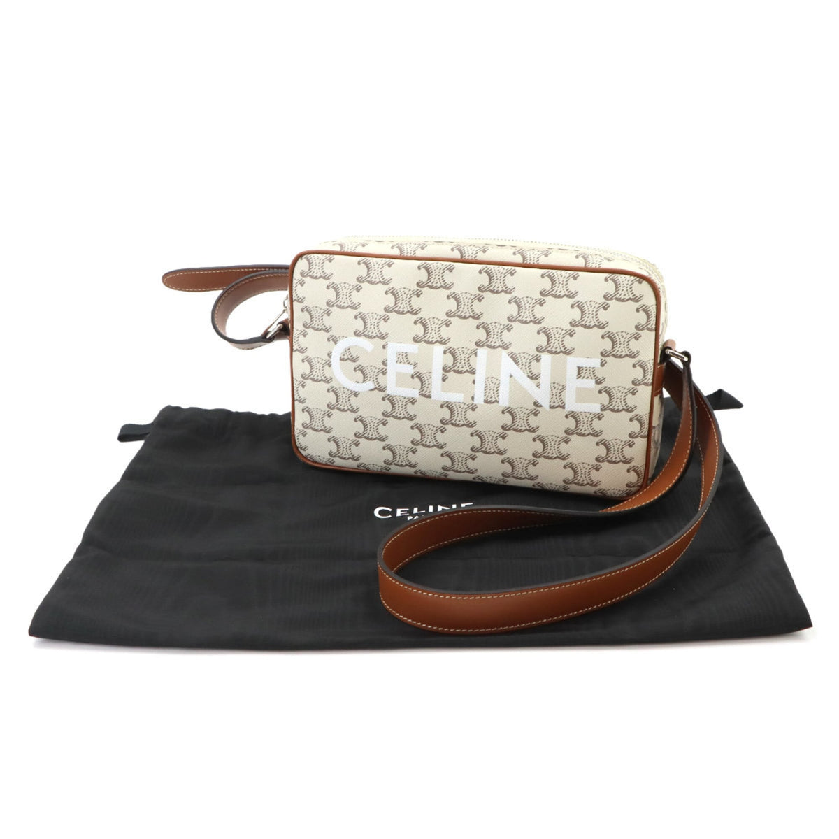 Celine Brown White Pu Leather Handbag Shoulder Bag (Pre-Owned)