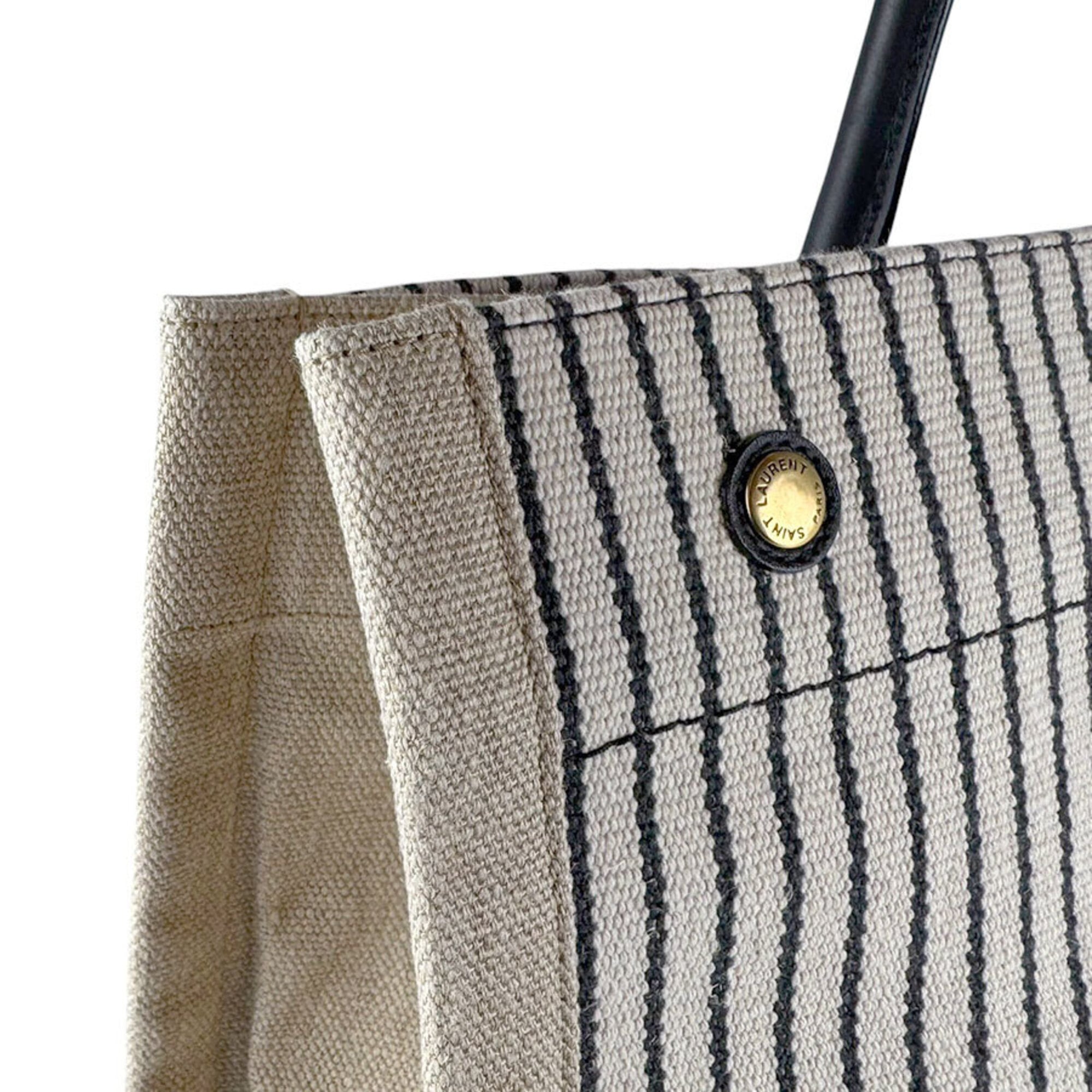 Saint Laurent Beige Black Ivory Canvas Leather Handbag Tote Bag (Pre-Owned)