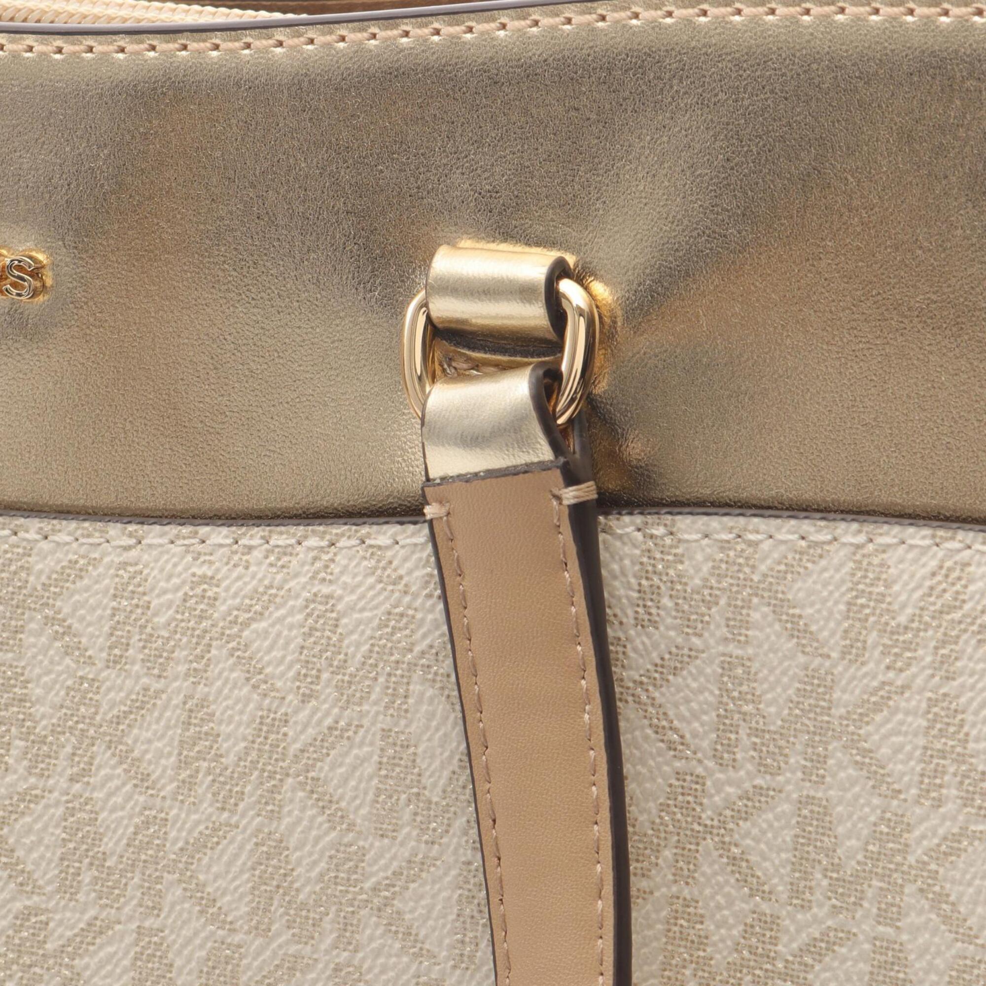 Michael Kors Gold Ivory Coated Canvas Pvc Leather Handbag Tote Bag Weekend Bag (Pre-Owned)