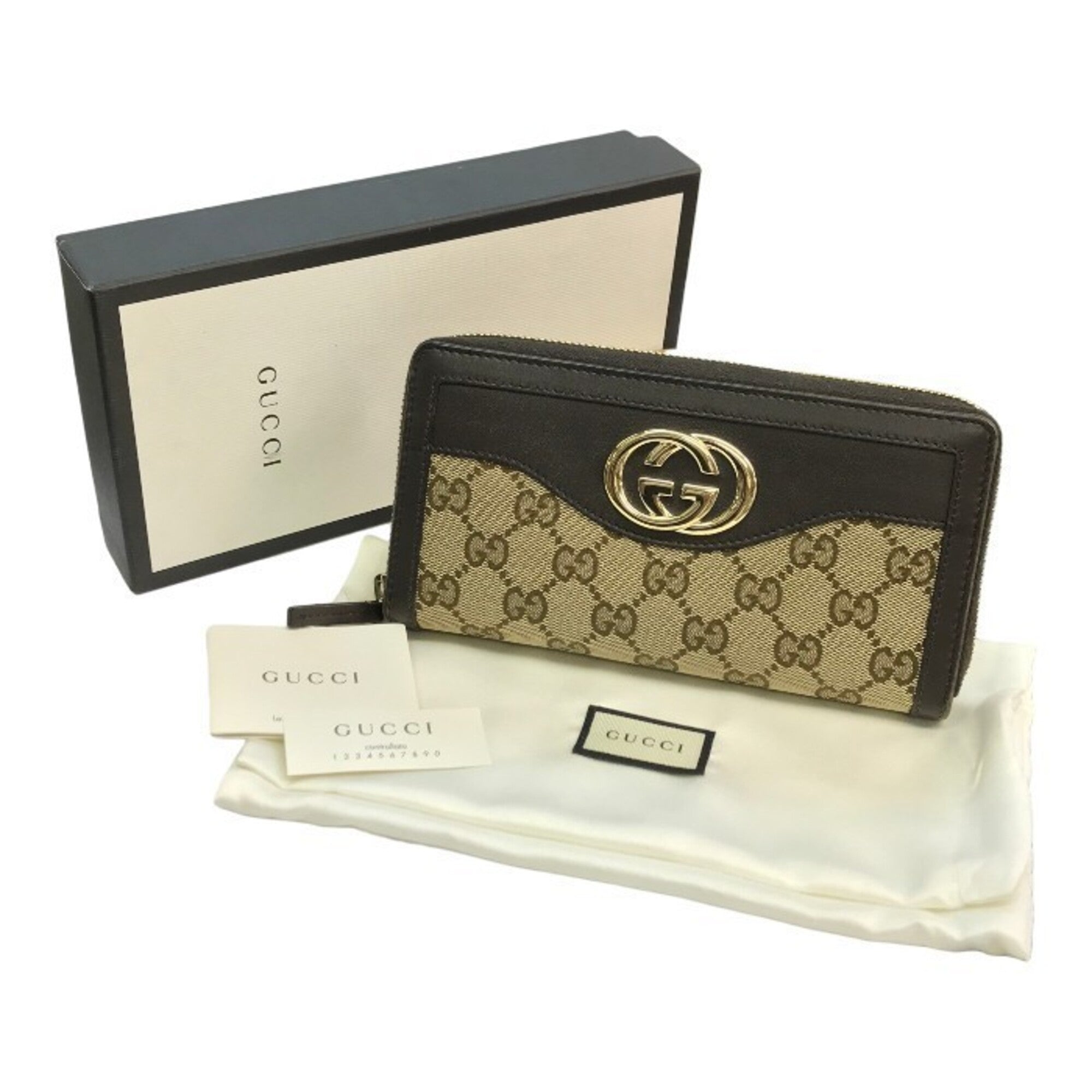 Gucci Beige Brown Gg Canvas Leather Long Wallet (Bi-Fold) (Pre-Owned)