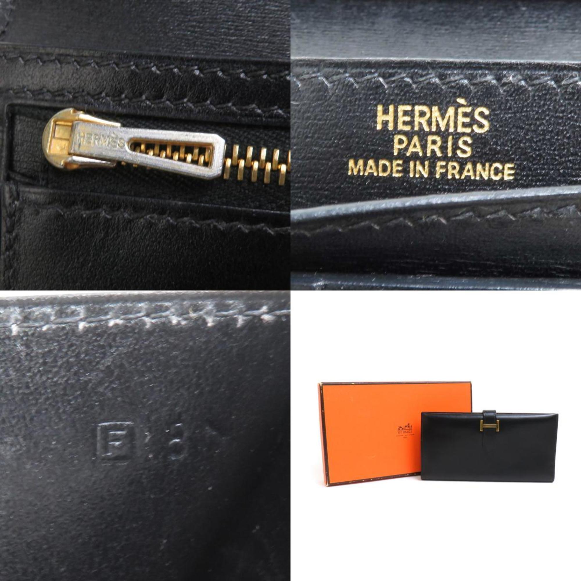 Hermes Black Box Calf Leather Long Wallet (Bi-Fold) (Pre-Owned)