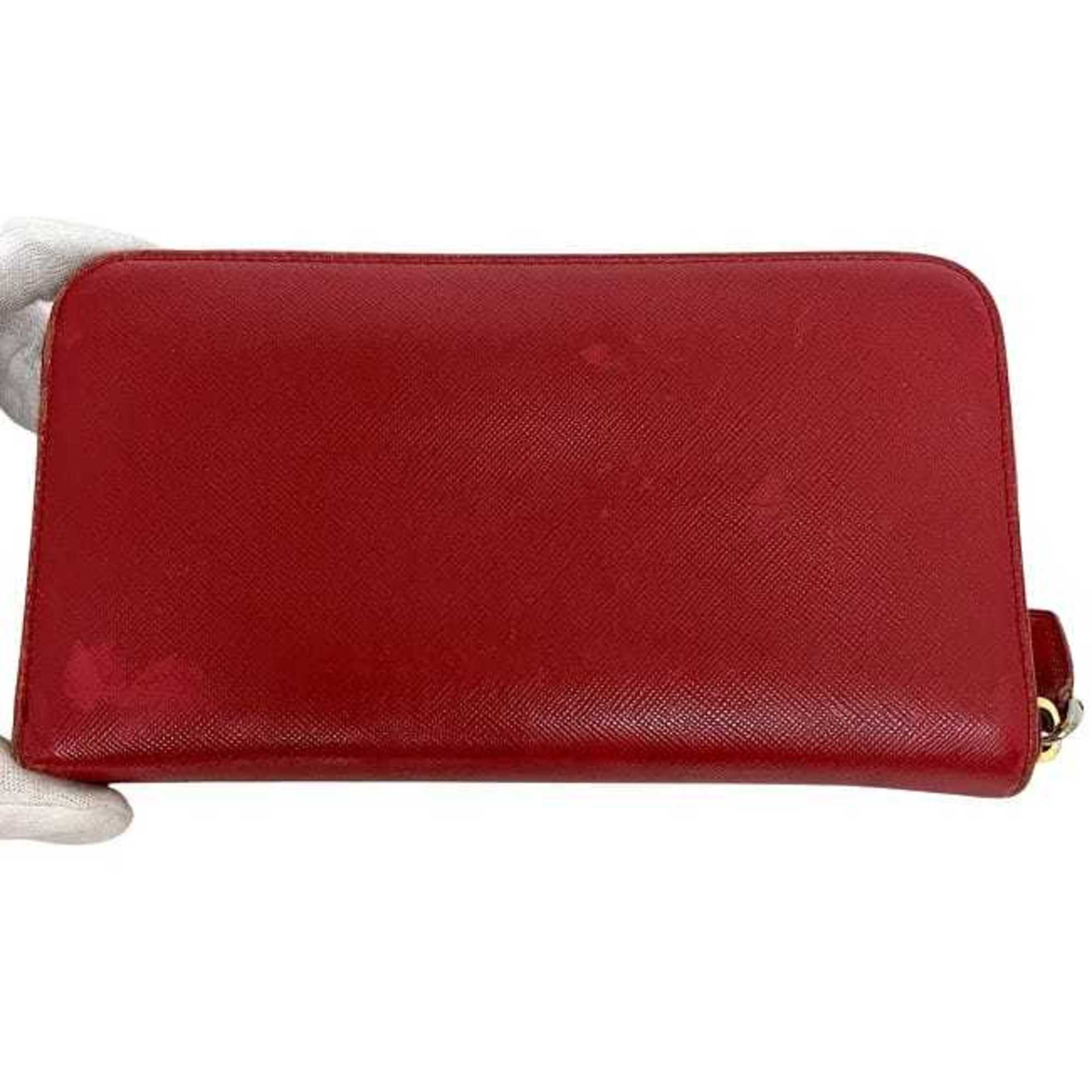 Prada Red Color Saffiano Long Wallet (Bi-Fold) (Pre-Owned)